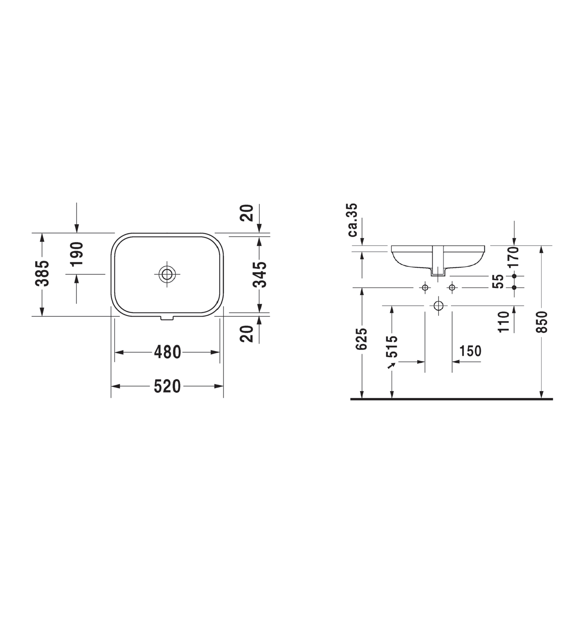 Duravit Happy D.2 Undercounter Basin 520 x 385mm, Gloss White