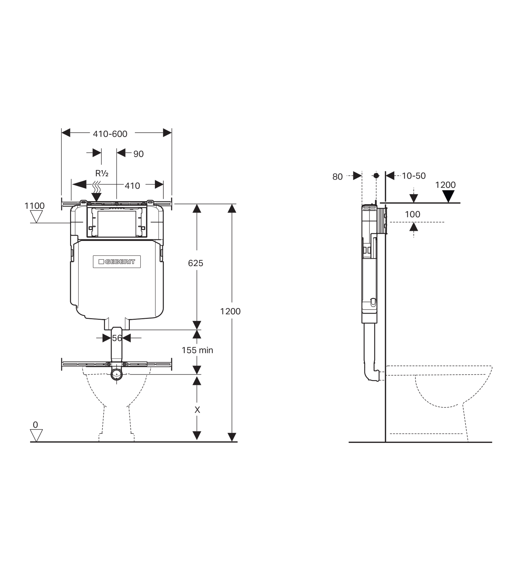 Geberit Sigma8 Floor Pan Concealed Cistern, Front Press, 4 Star