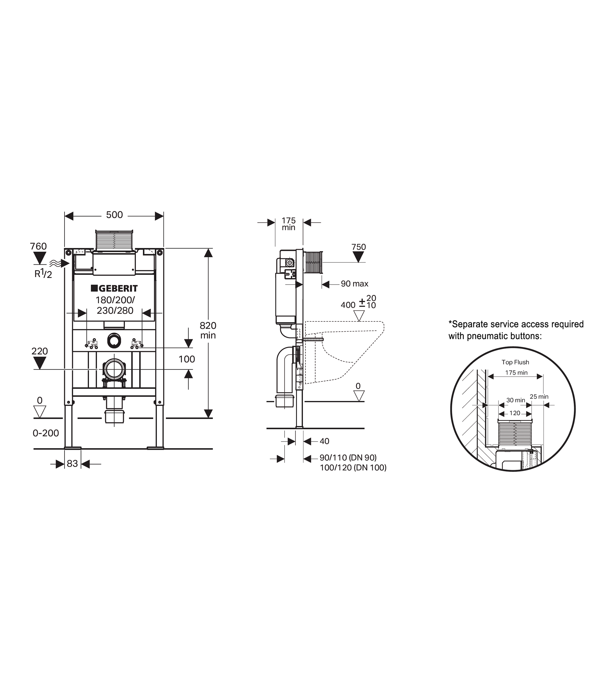 Geberit Kappa Under Counter Duofix Frame, Concealed Cistern, Front/Top Press, 4 Star
