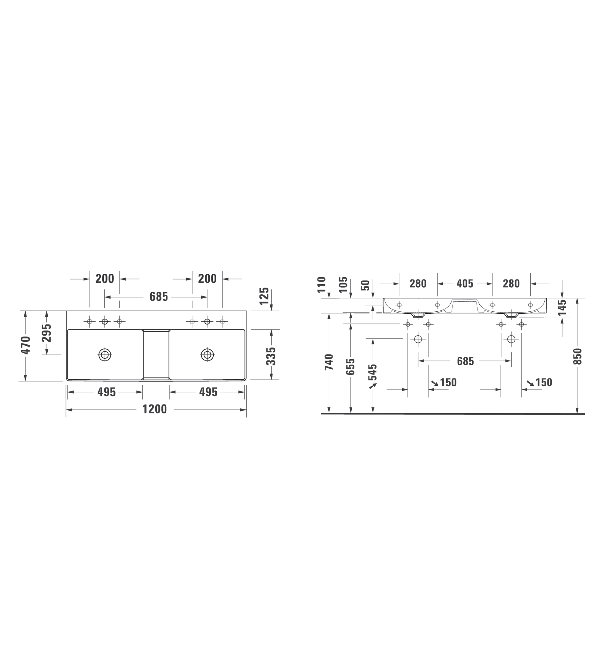 Duravit DuraSquare Double Washbasin 1200 x 470mm, Gloss White