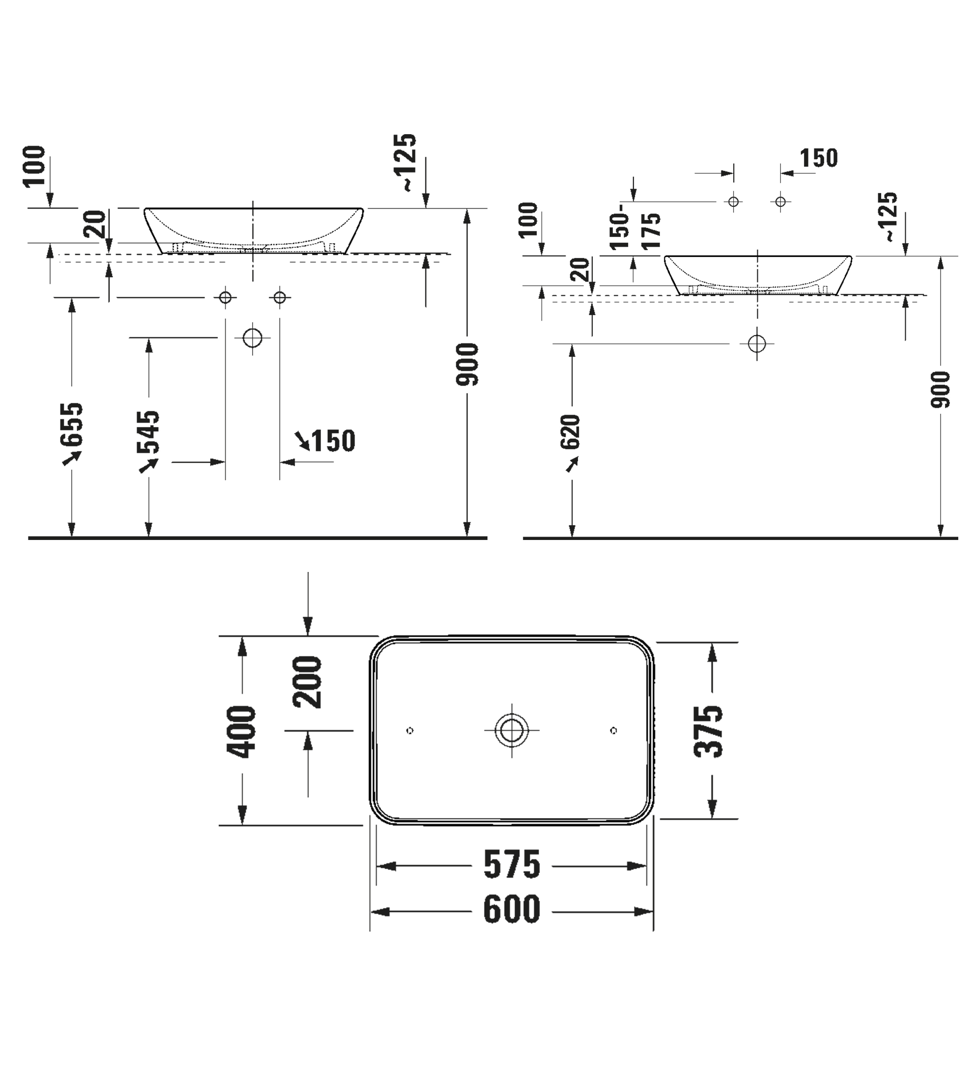 Duravit D-Neo Washbowl 600 x 125mm, Gloss White