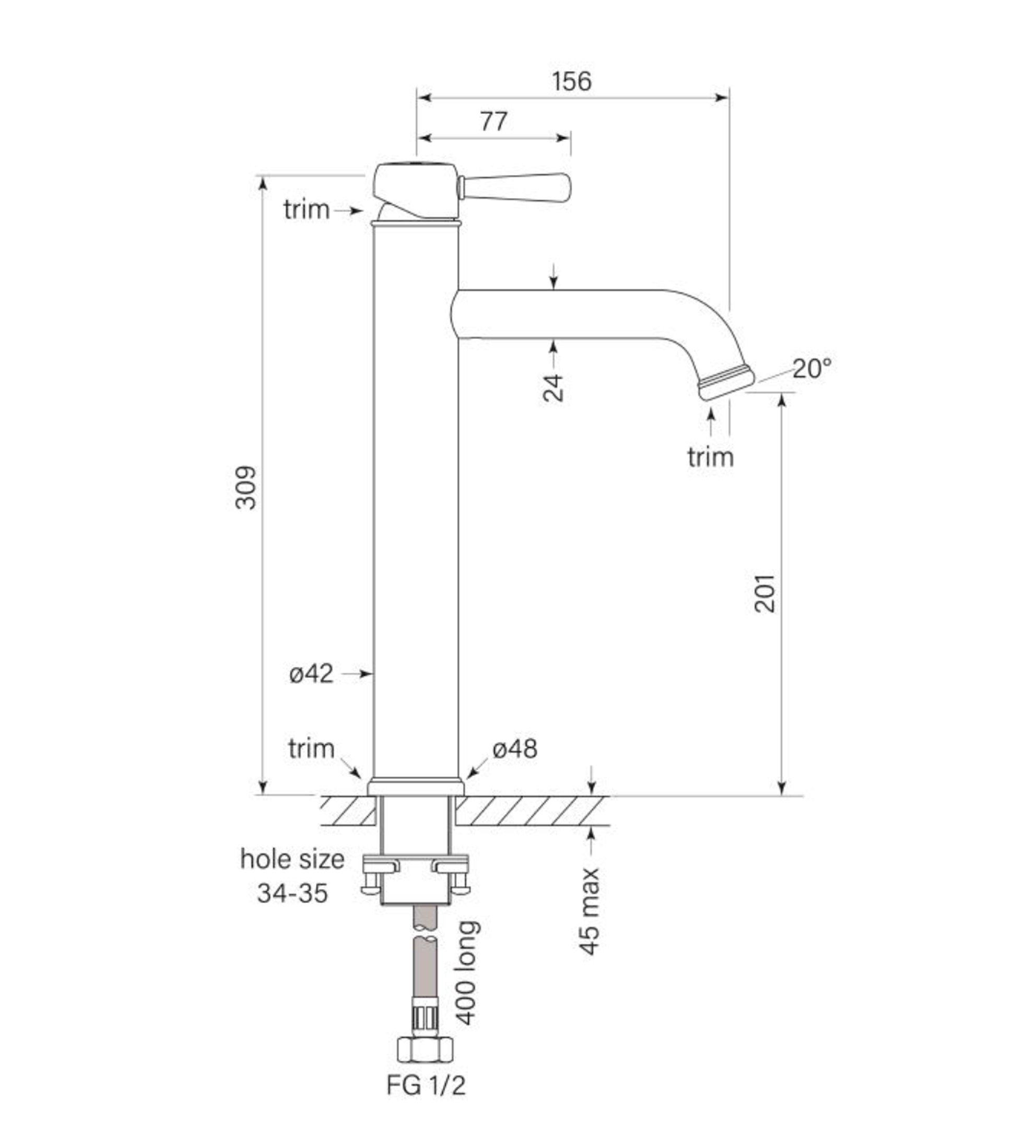 Faucet Strommen Cascade Basin Mixer, Tall 208h
