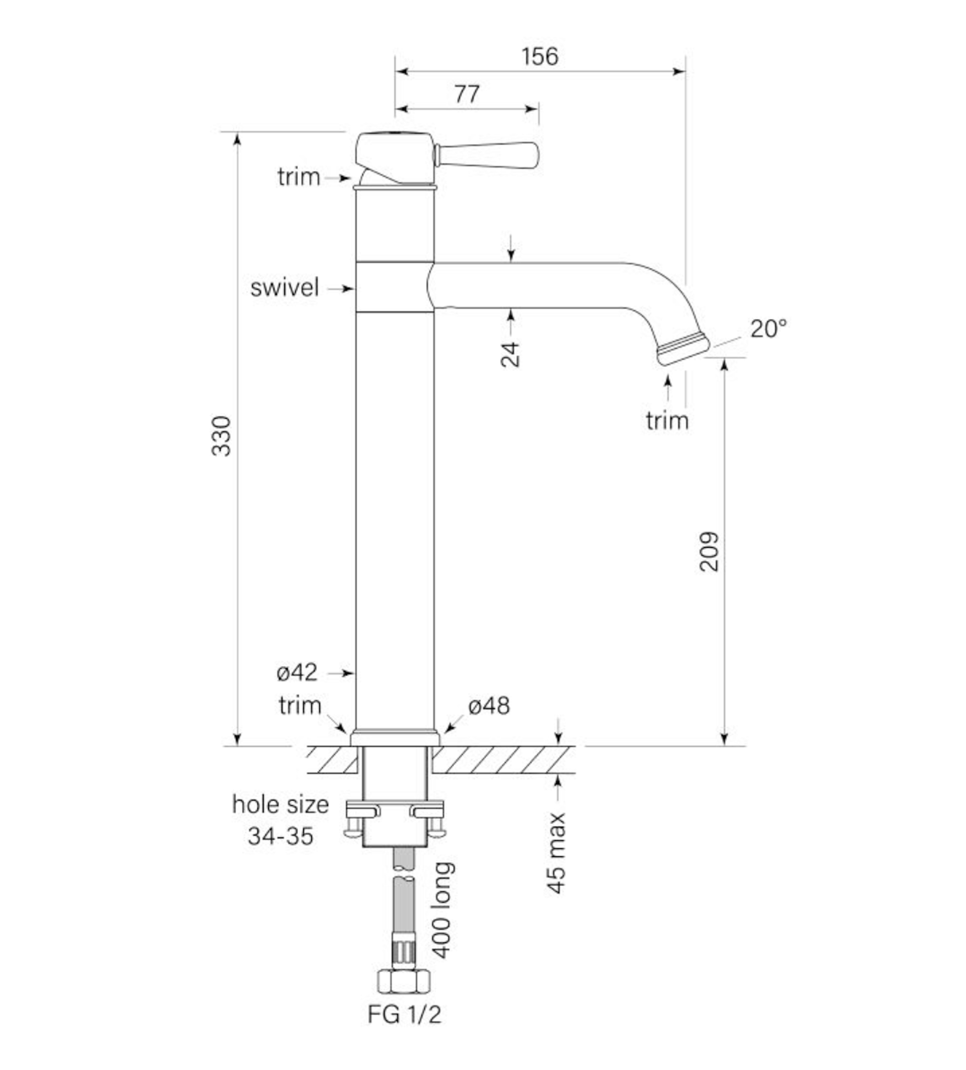Faucet Strommen Cascade Basin Mixer, Swivel Tall 215h
