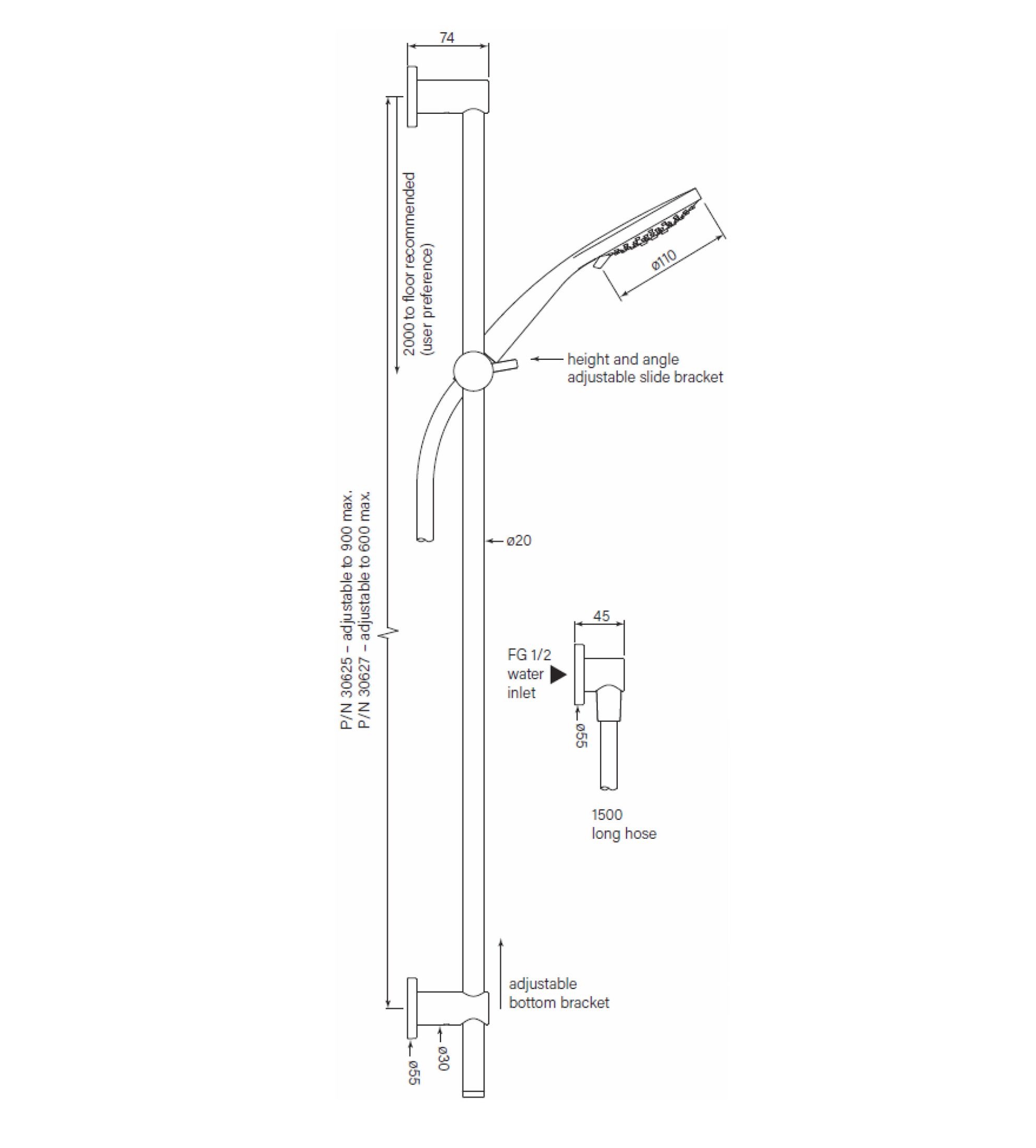 Faucet Strommen Pegasi M Slide Shower, Adjust 600, 100disc