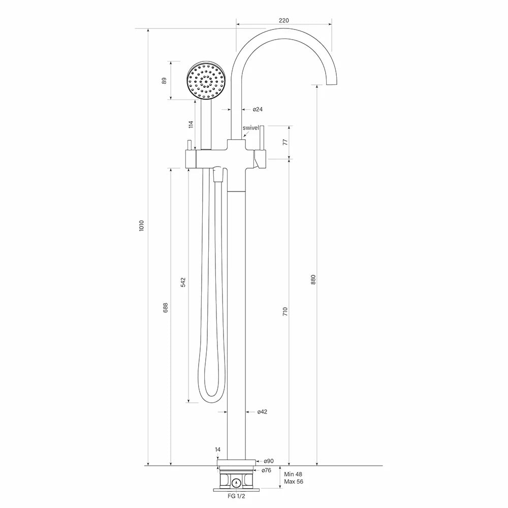 Faucet Strommen Pegasi Floor Mixer Curve with 90mm Round Handshower, Raw Brushed Brass