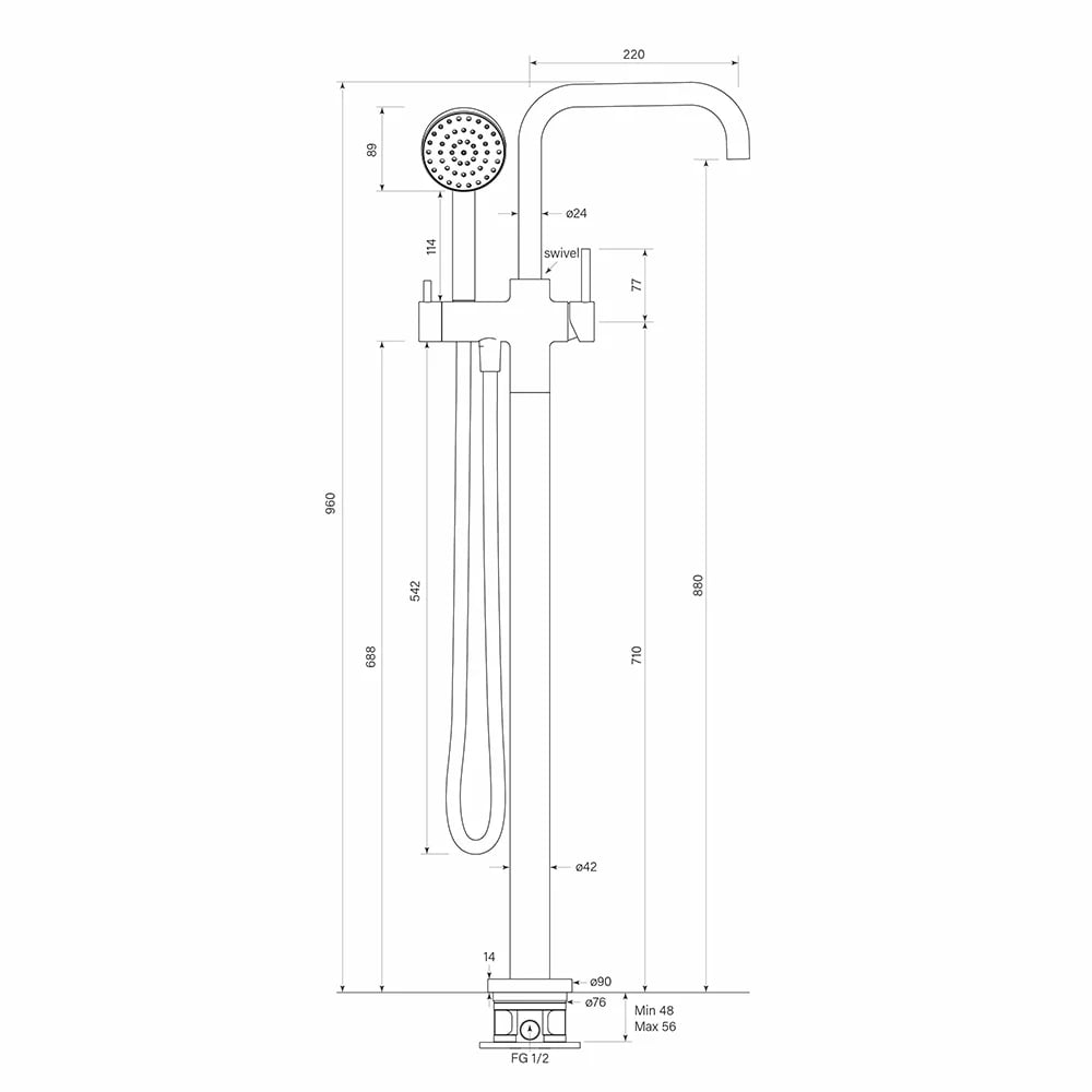 Faucet Strommen Pegasi Floor Mixer Square with 90mm Round Handshower