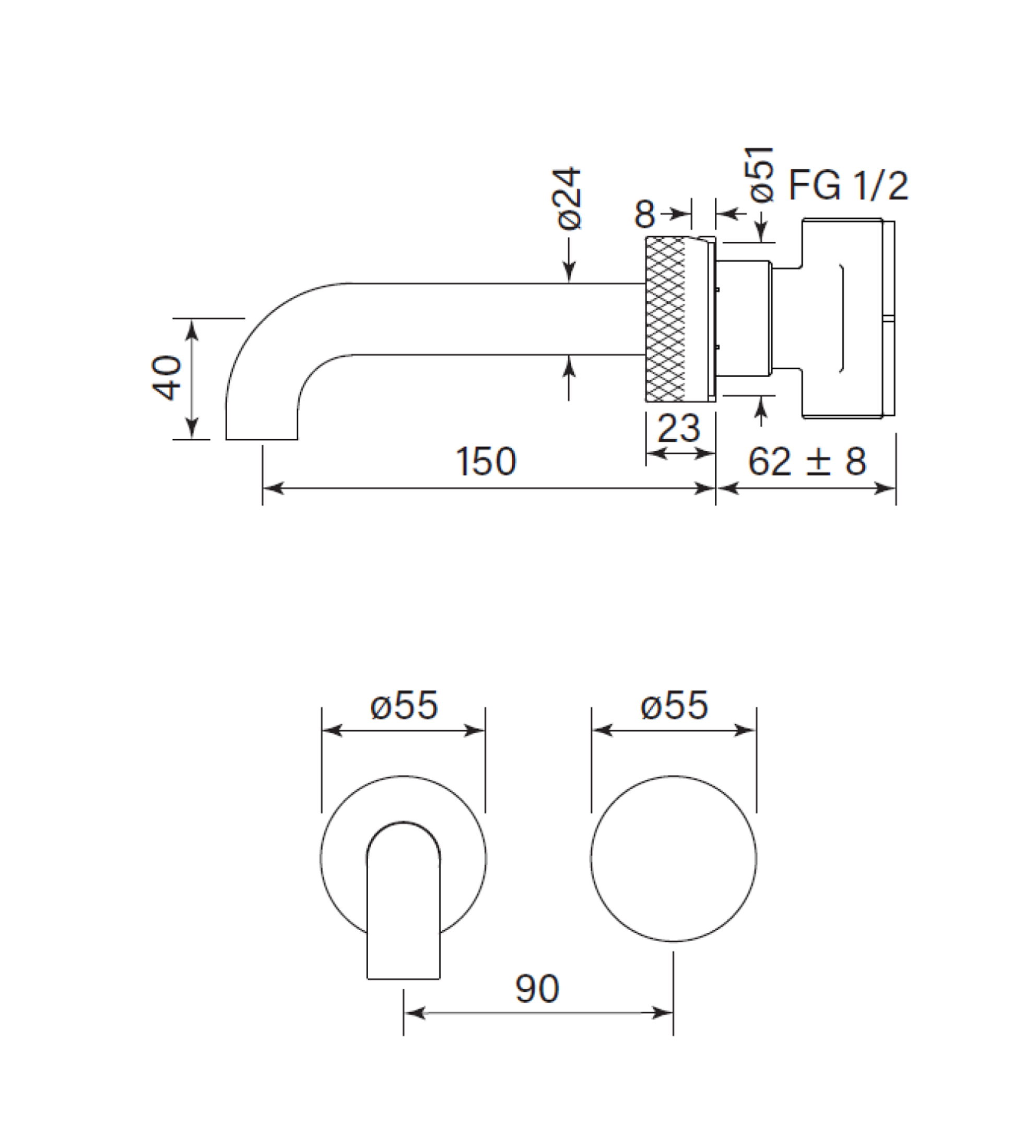 Faucet Strommen Zero Progresiv Knurl Wall Bath Mixer Set, 150