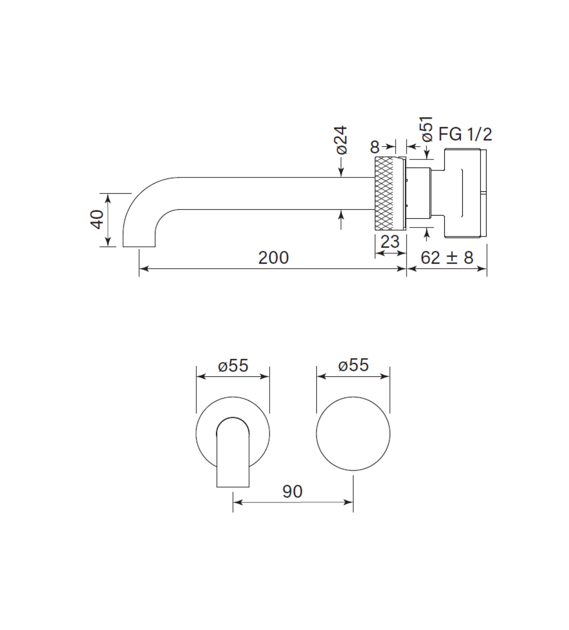 Faucet Strommen Zero Progresiv Knurl Wall Bath Mixer Set, 200