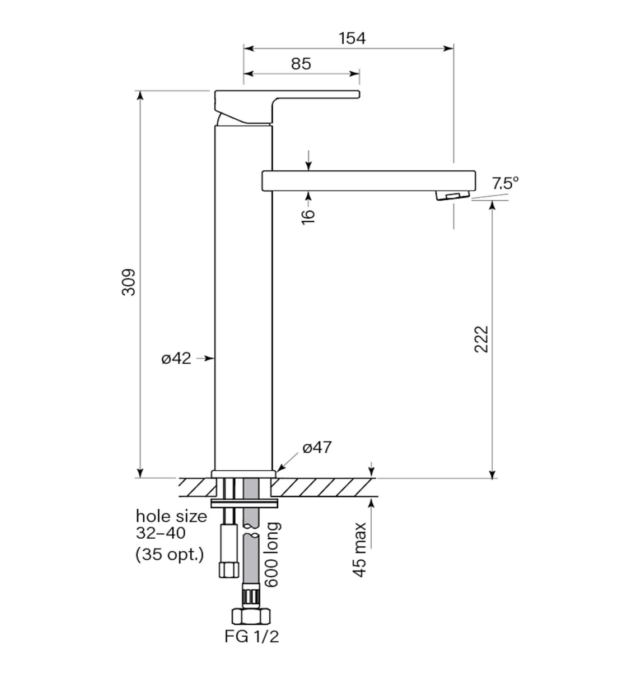 Faucet Strommen Zeos Basin Mixer, Tall 222h