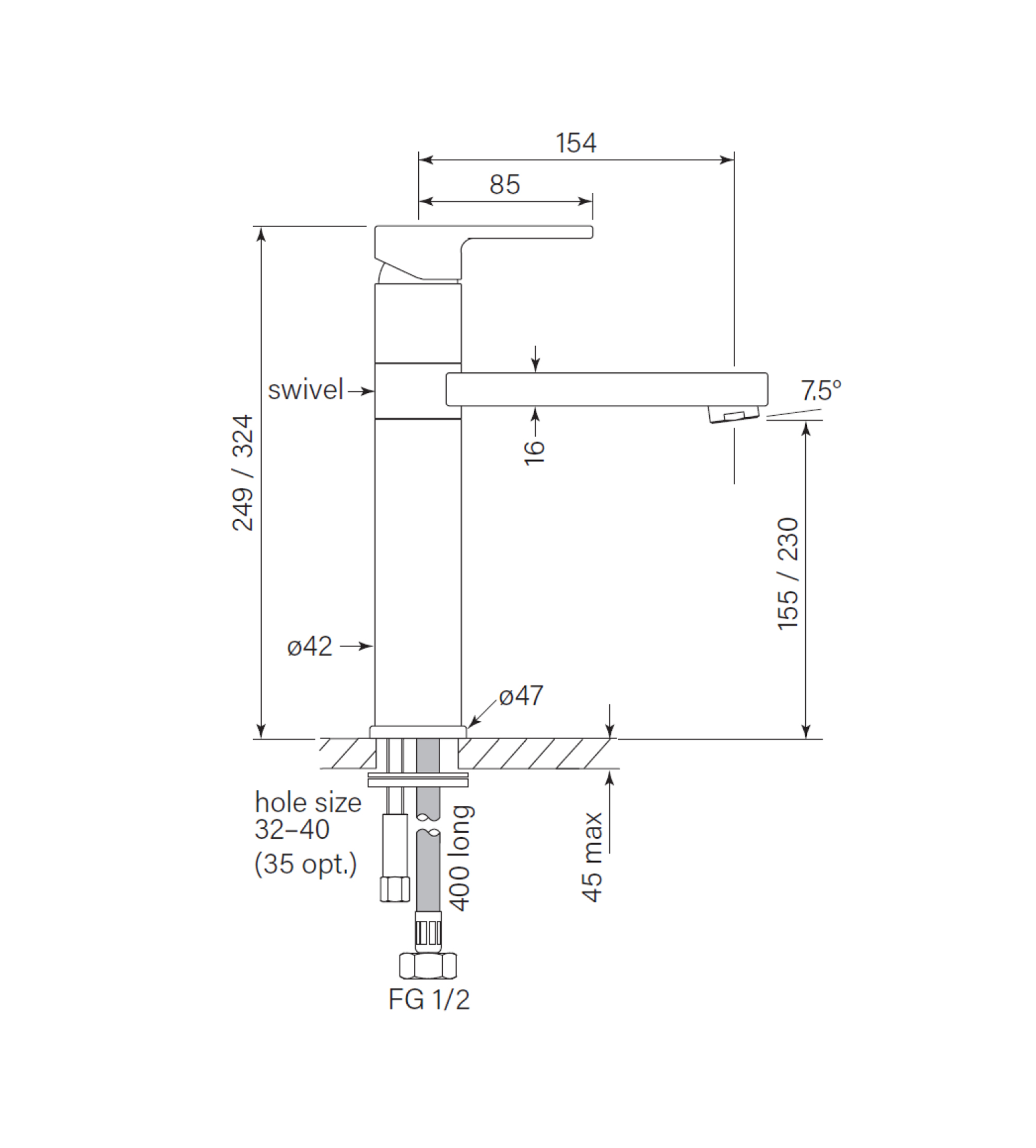 Faucet Strommen Zeos Basin Mixer Swivel, Tall 230h