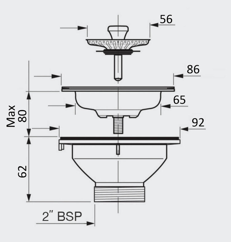 1901 65mm Basket Waste inc. 110mm Screw, Stainless Steel