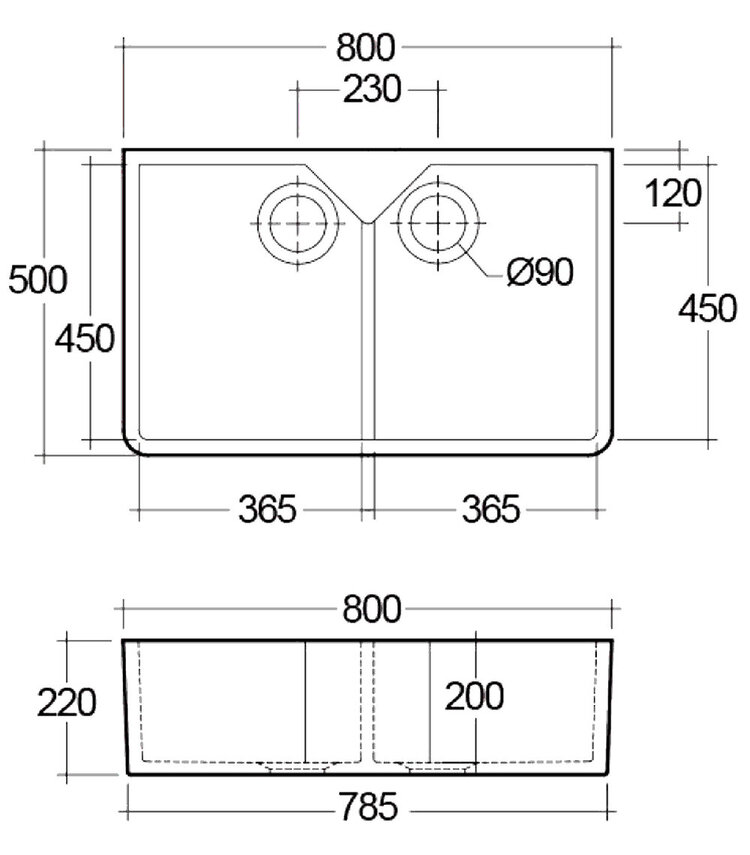 1901 800mm Fireclay Double Butler Sink with Taphole, White, Brushed Gold Waste