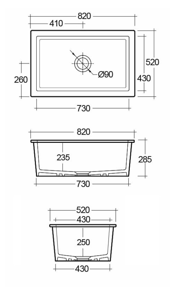 1901 820mm Inset Sink, White, Stainless Steel Waste