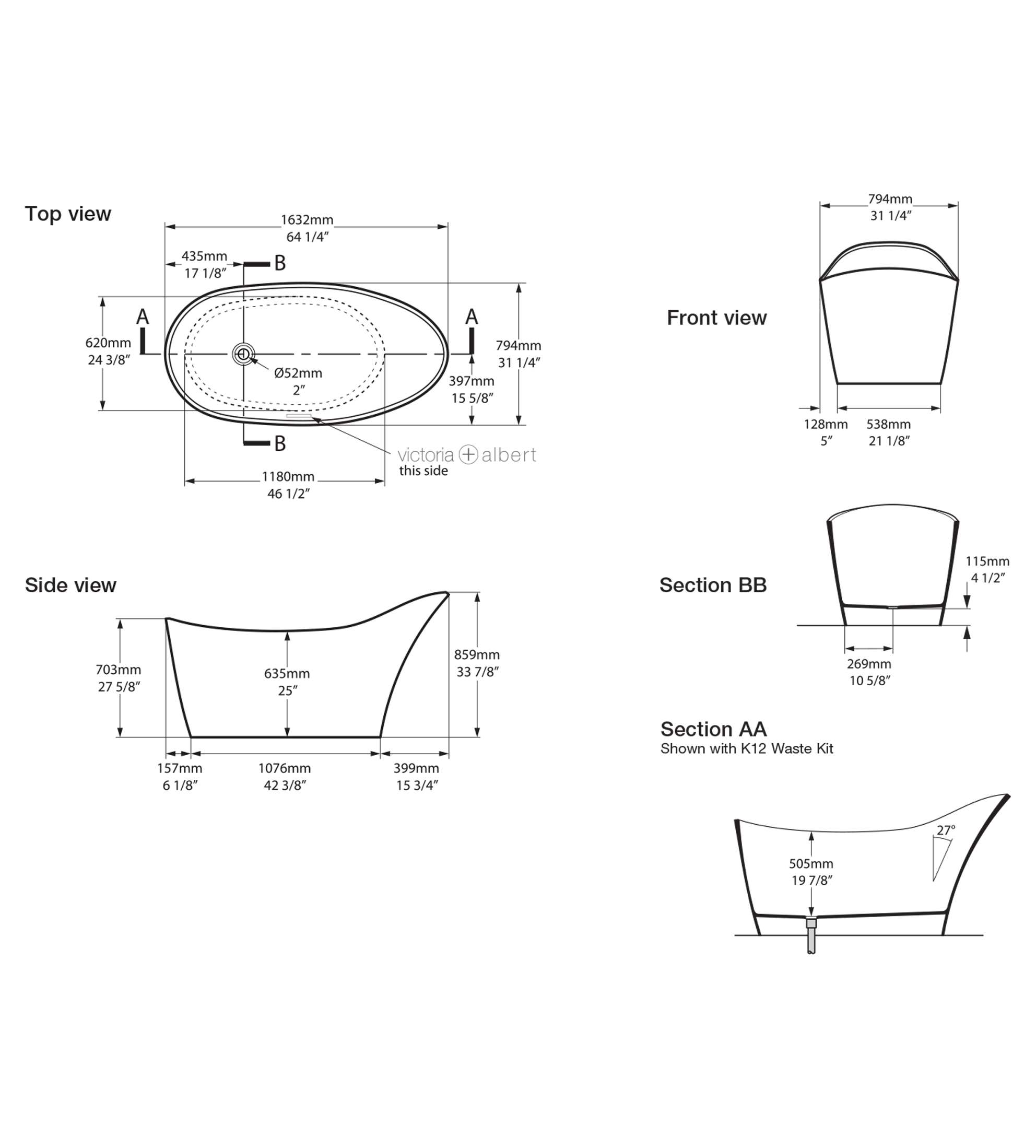 Victoria & Albert Amalfi 1632mm Stone Freestanding Bath, Matt White