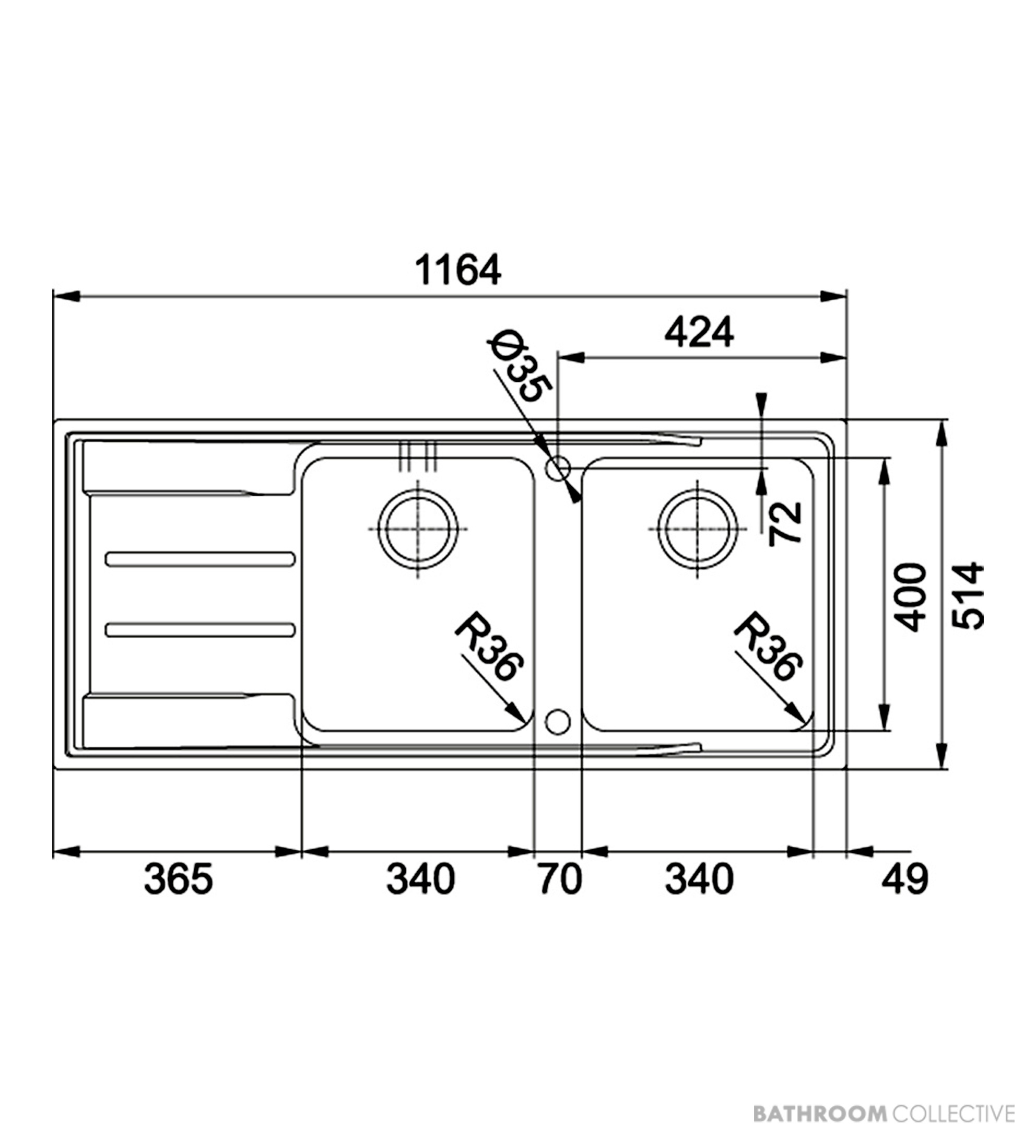 Franke Aton Flushmount Double Bowl Sink 1164mm, Left Drainer, Stainless ANX221LHD