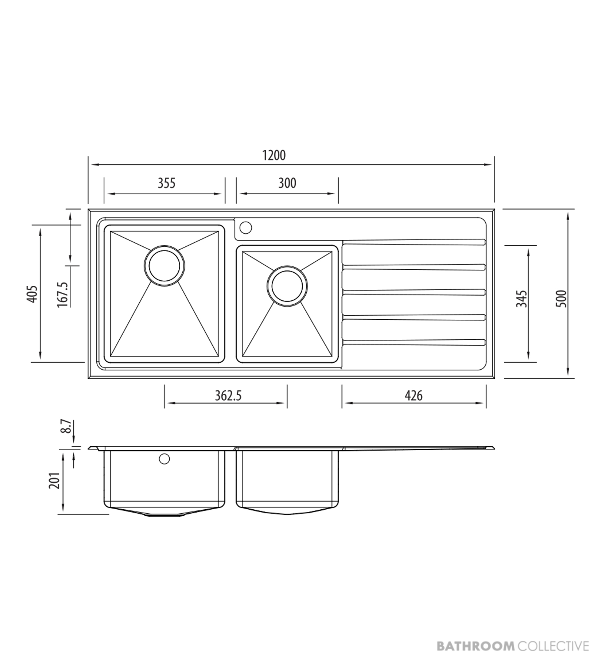 Oliveri Apollo Topmount 1 & 3/4 Double Bowl Sink 1200mm, 1th, Right Drainer, Stainless AP1411