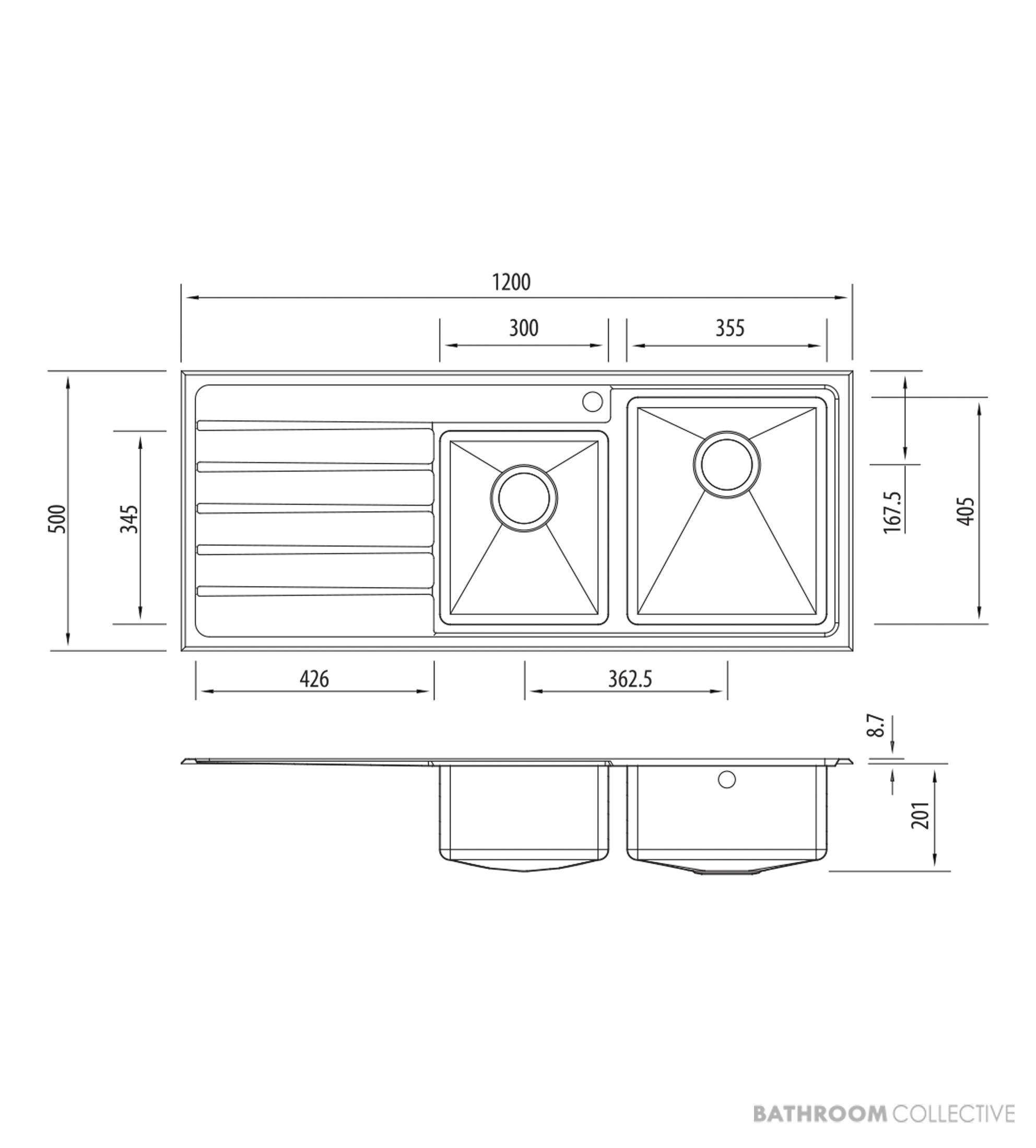 Oliveri Apollo Topmount 1 & 3/4 Double Bowl Sink 1200mm, 1th, Left Drainer, Stainless AP1412