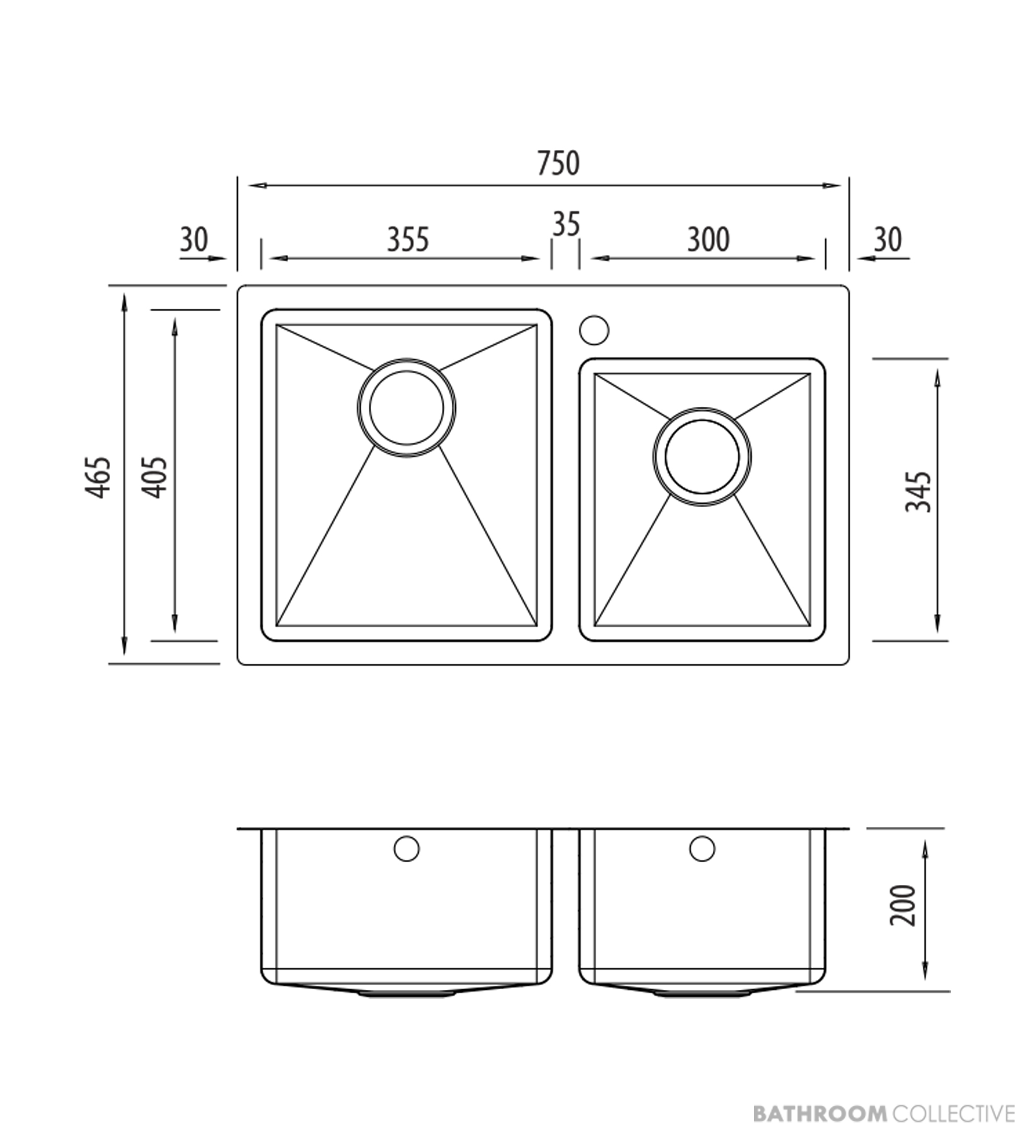 Oliveri Apollo Top, Flush & Under Mount 1 & 3/4 Offset Double Bowl Sink 750mm, 1th, Stainless AP1415