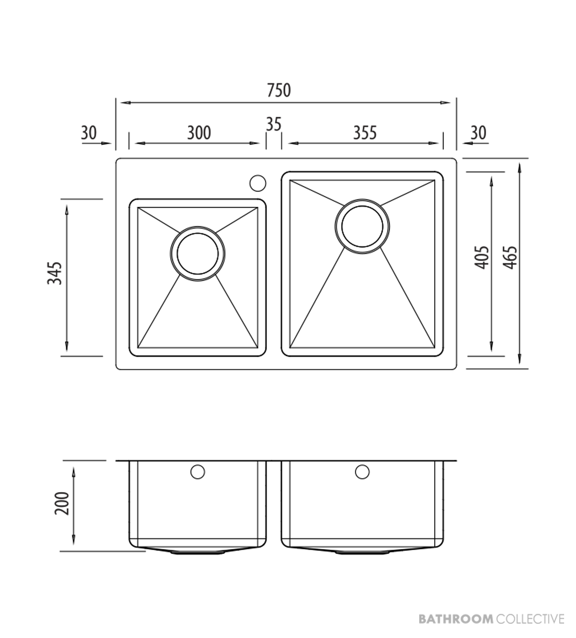 Oliveri Apollo Top, Flush & Under Mount 1 & 3/4 Offset Double Bowl Sink 750mm, 1th, Stainless AP1416