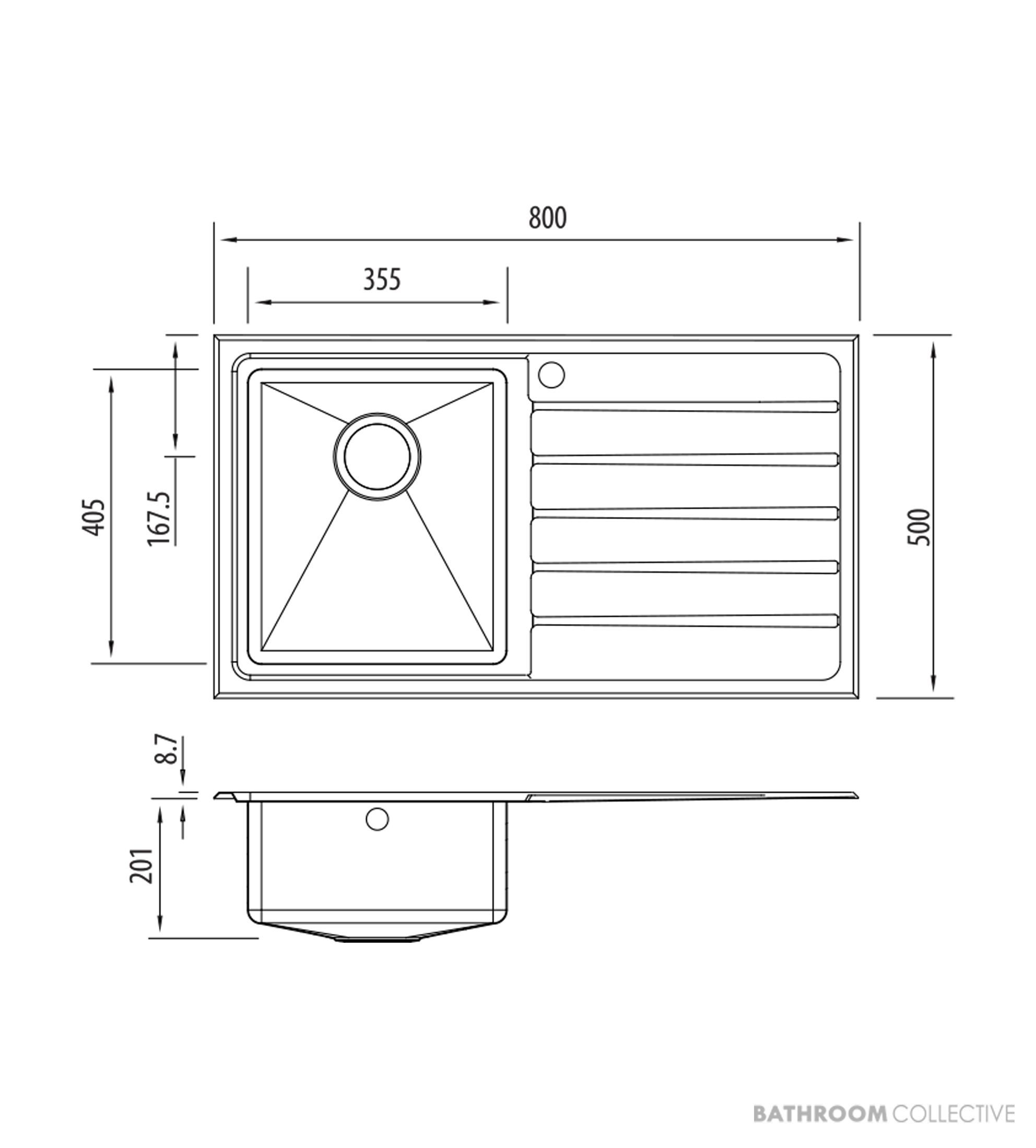 Oliveri Apollo Topmount Single Bowl Sink 800mm, 1th, Right Drainer, Stainless AP1421