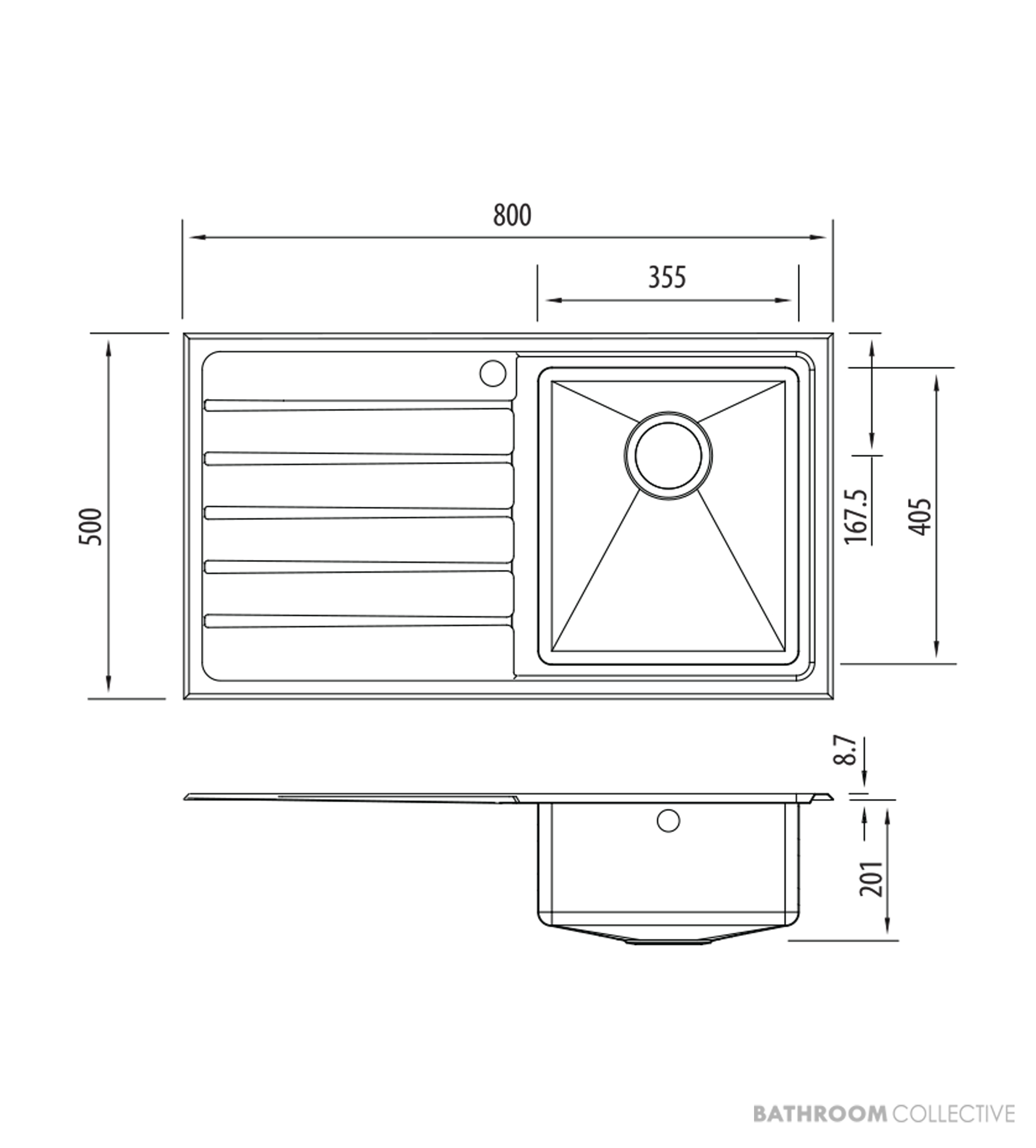 Oliveri Apollo Topmount Single Bowl Sink 800mm, 1th, Left Drainer, Stainless AP1422