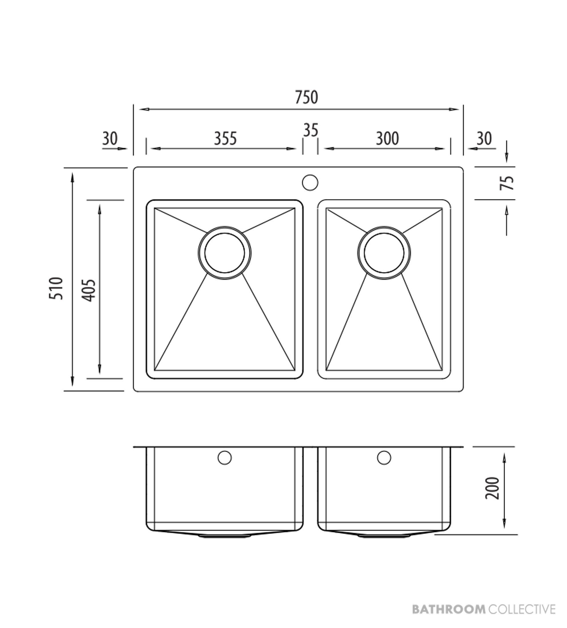 Oliveri Apollo Top, Flush & Under Mount 1 & 3/4 Double Bowl Sink 750mm, 1th, Stainless AP1425