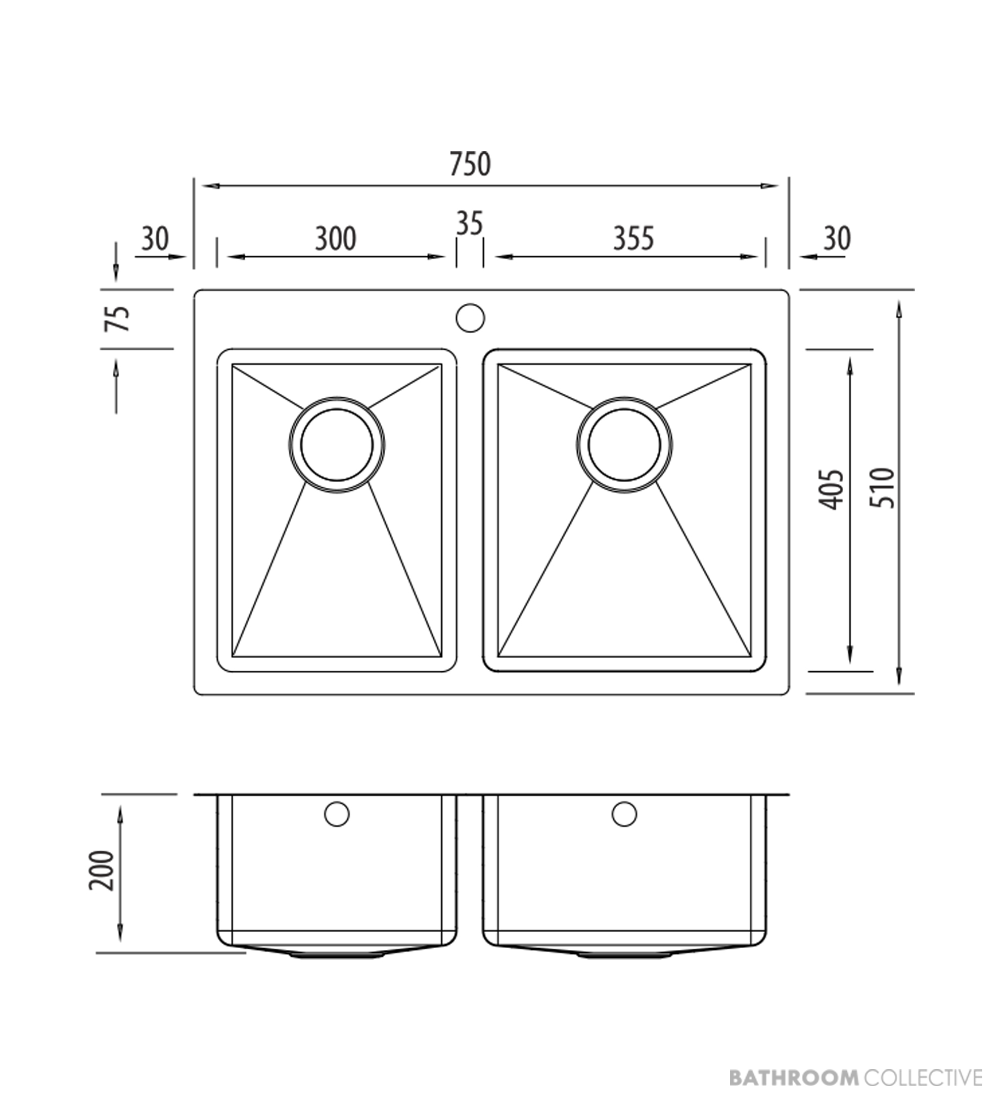 Oliveri Apollo Top, Flush & Under Mount 1 & 3/4 Double Bowl Sink 750mm, 1th, Stainless AP1426