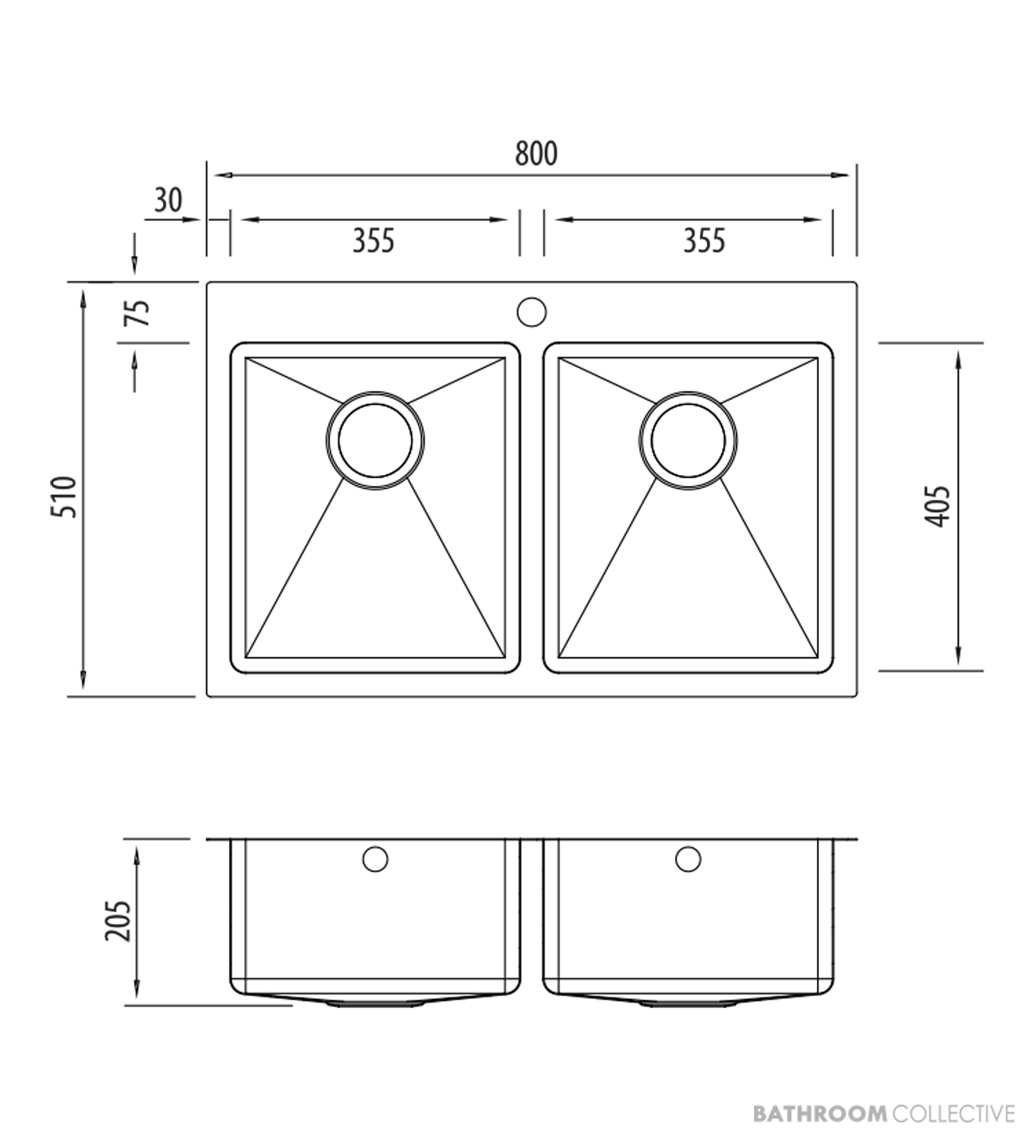 Oliveri Apollo Top, Flush & Under Mount Double Bowl Sink 800mm, Stainless AP1464
