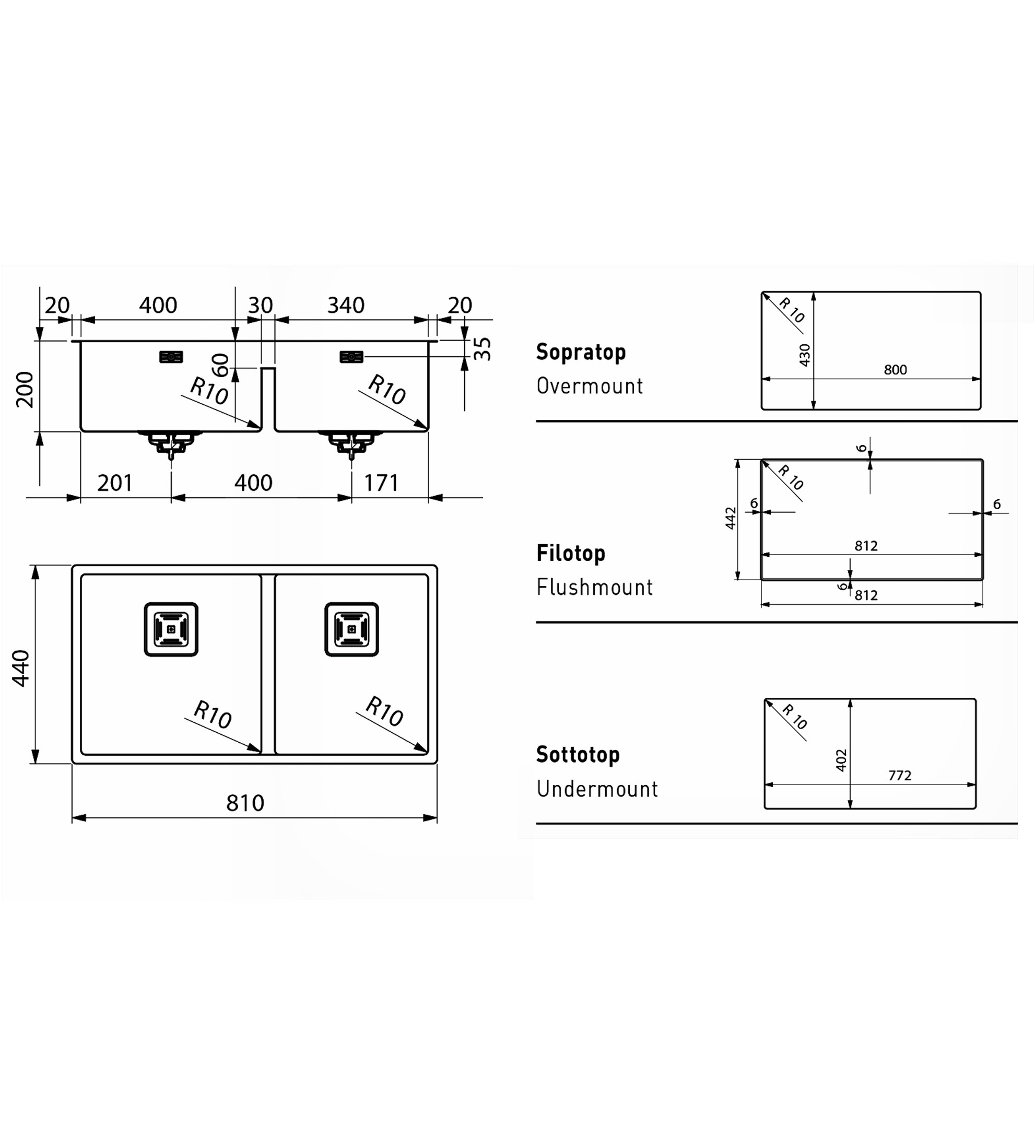 Artinox Radius Mose 500 x 400 & 340 x 400 Double Bowl Kitchen Sink, Stainless Steel