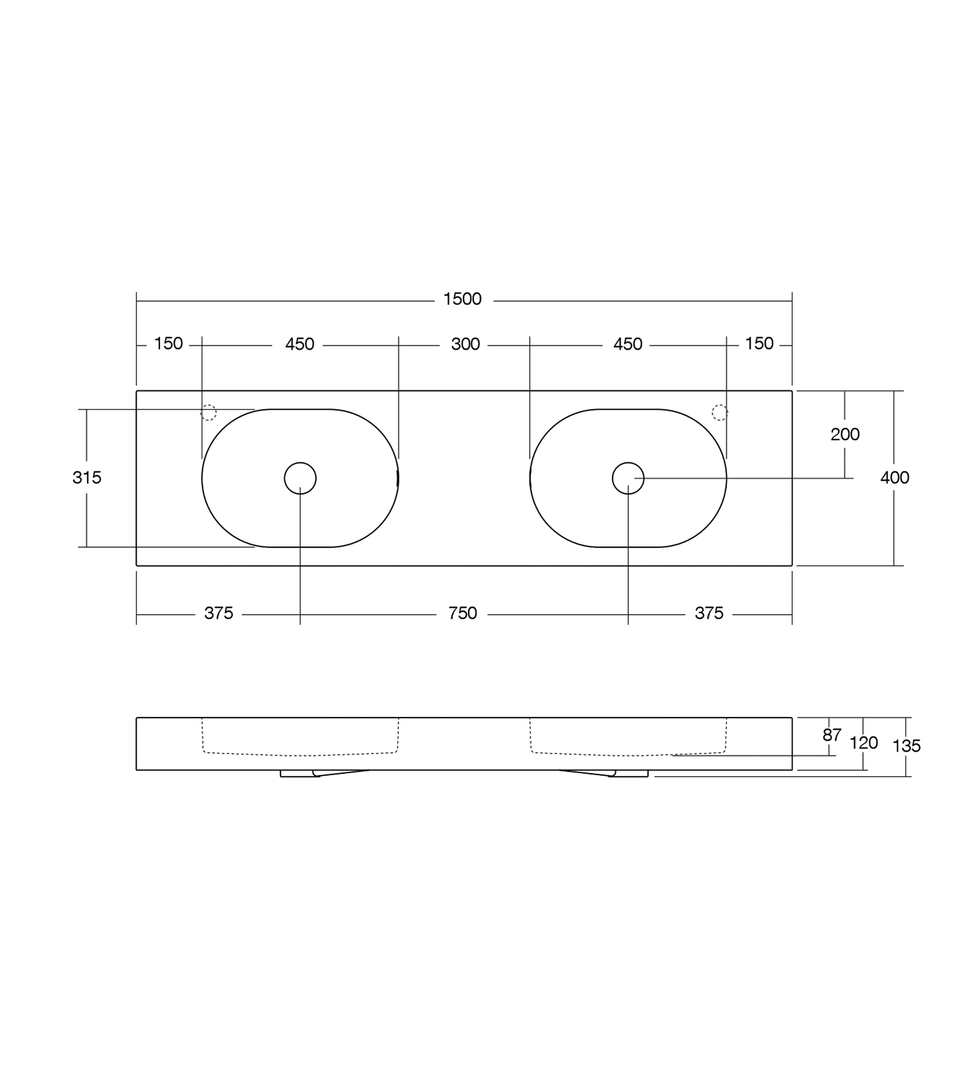 Omvivo Arki 1500mm Double Wall Basin, Matt White
