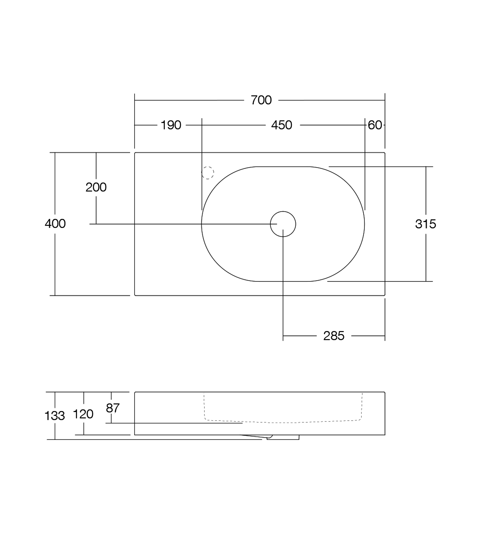 Omvivo Arki 700mm Wall Basin, Right Bowl, Matt White