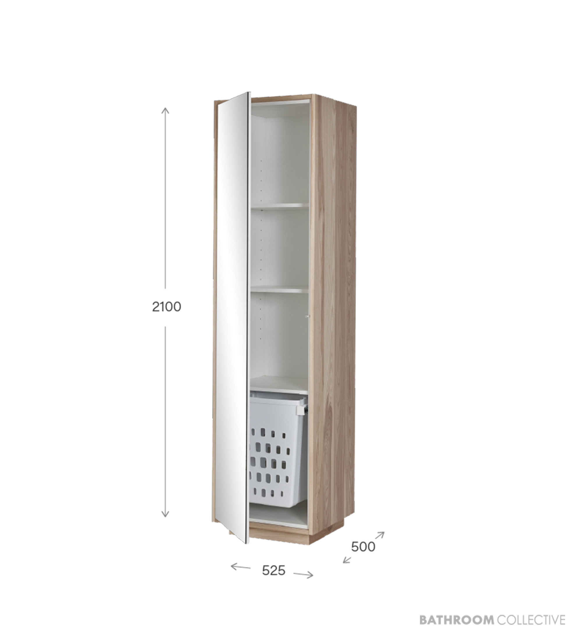 Loughlin Avoca 2100mm High x 525mm Wide Timber Tall Boy with 3 Shelves, Basket & Mirror