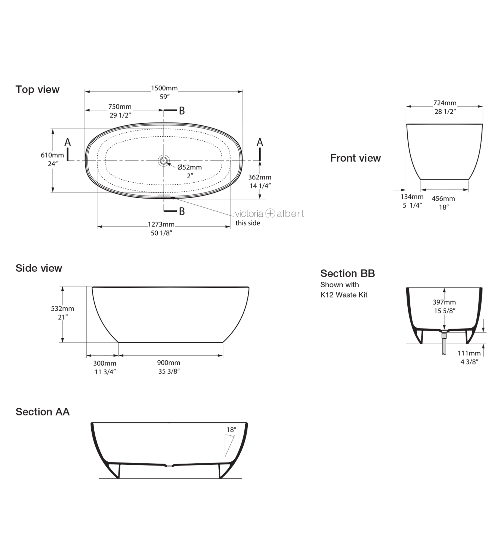 Victoria & Albert Barcelona 1500mm Stone Freestanding Bath, Matt White