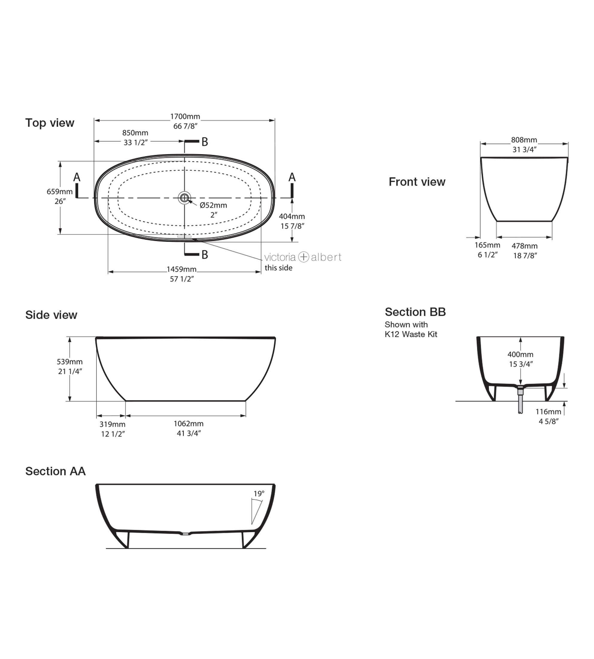 Victoria & Albert Barcelona 1700mm Stone Freestanding Bath, Matt White