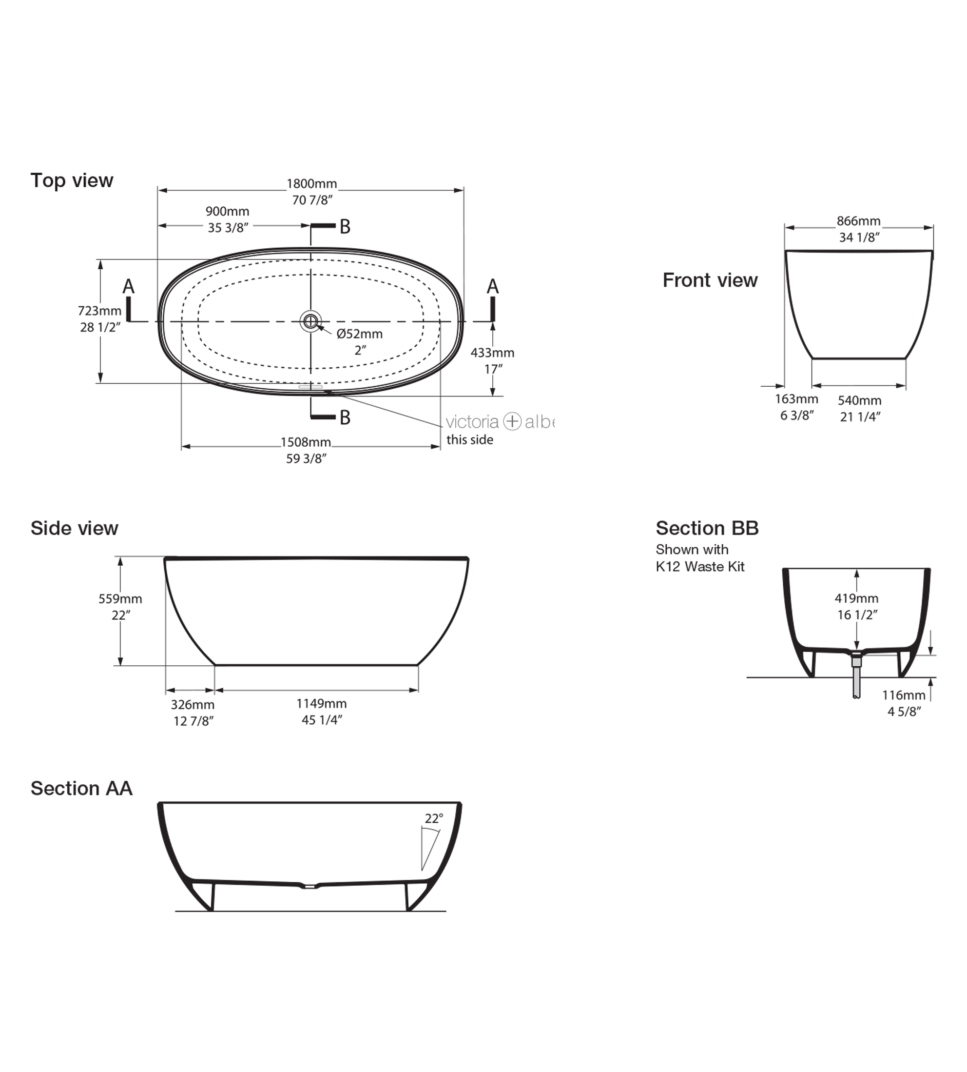 Victoria & Albert Barcelona 1800mm Stone Freestanding Bath, Matt White