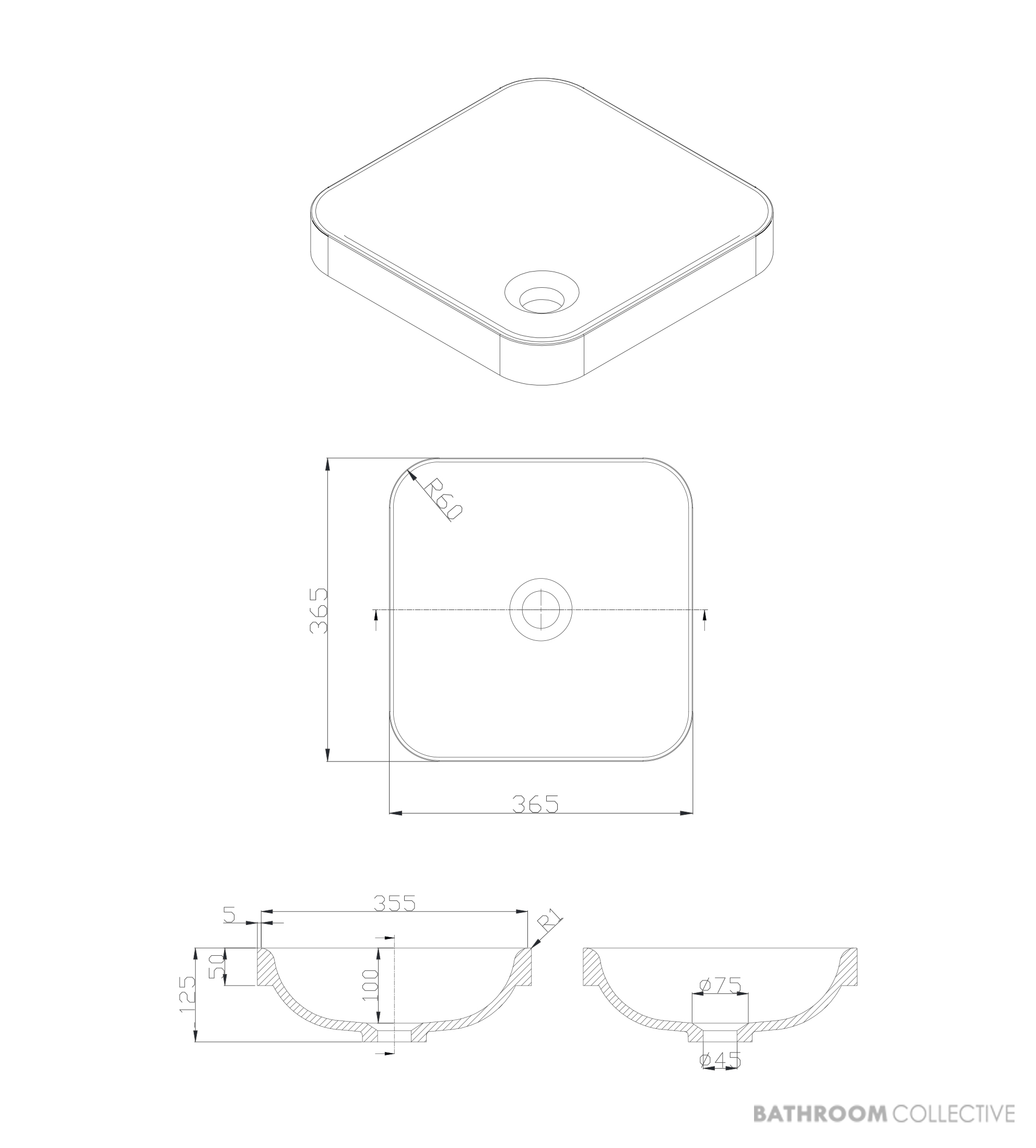 Loughlin Bailee Square Acrylic 365mm Semi-Inset Basin, White