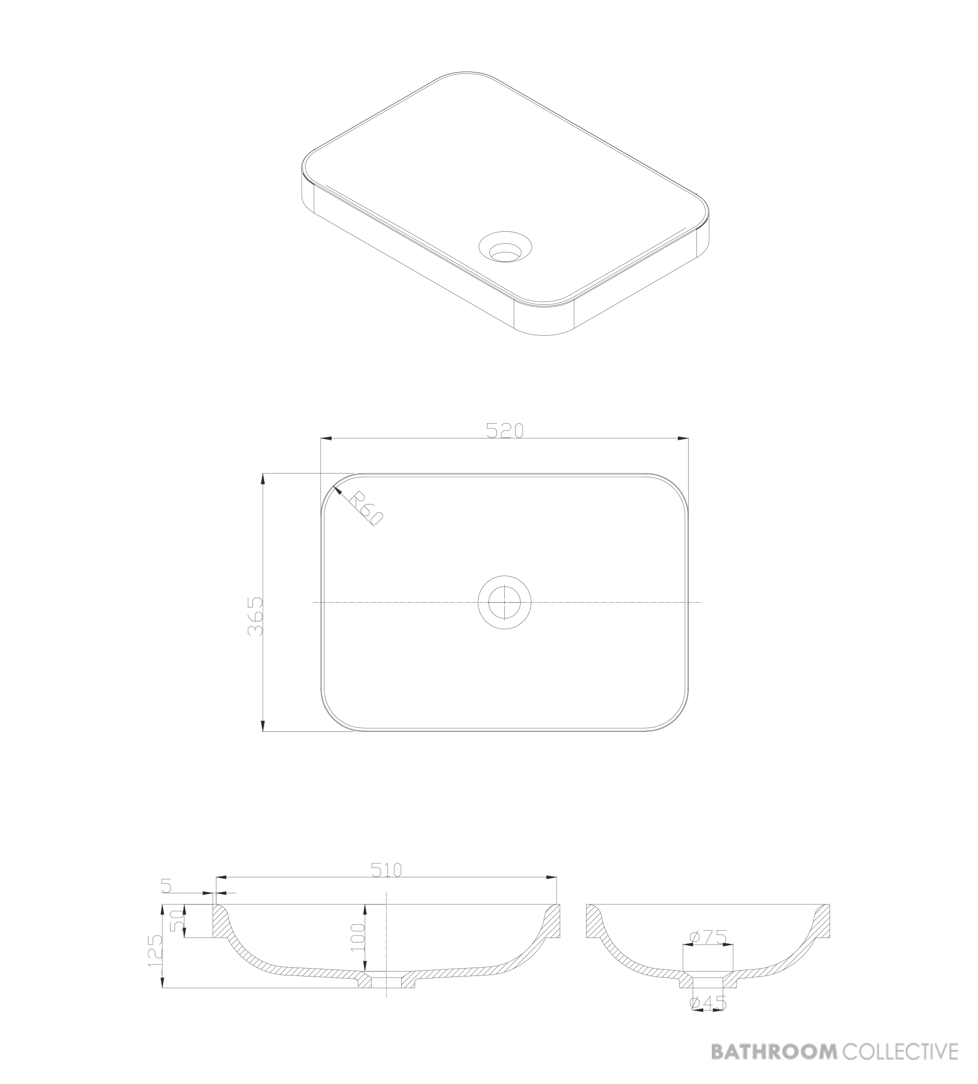 Loughlin Bailee Rectangle Acrylic 520mm Semi-Inset Basin, White