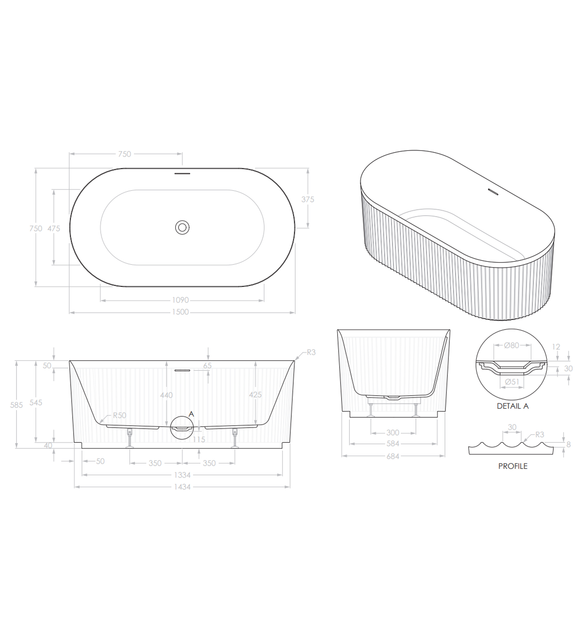 ADP Bronte 1500mm Acrylic Freestanding Bath, Matte White