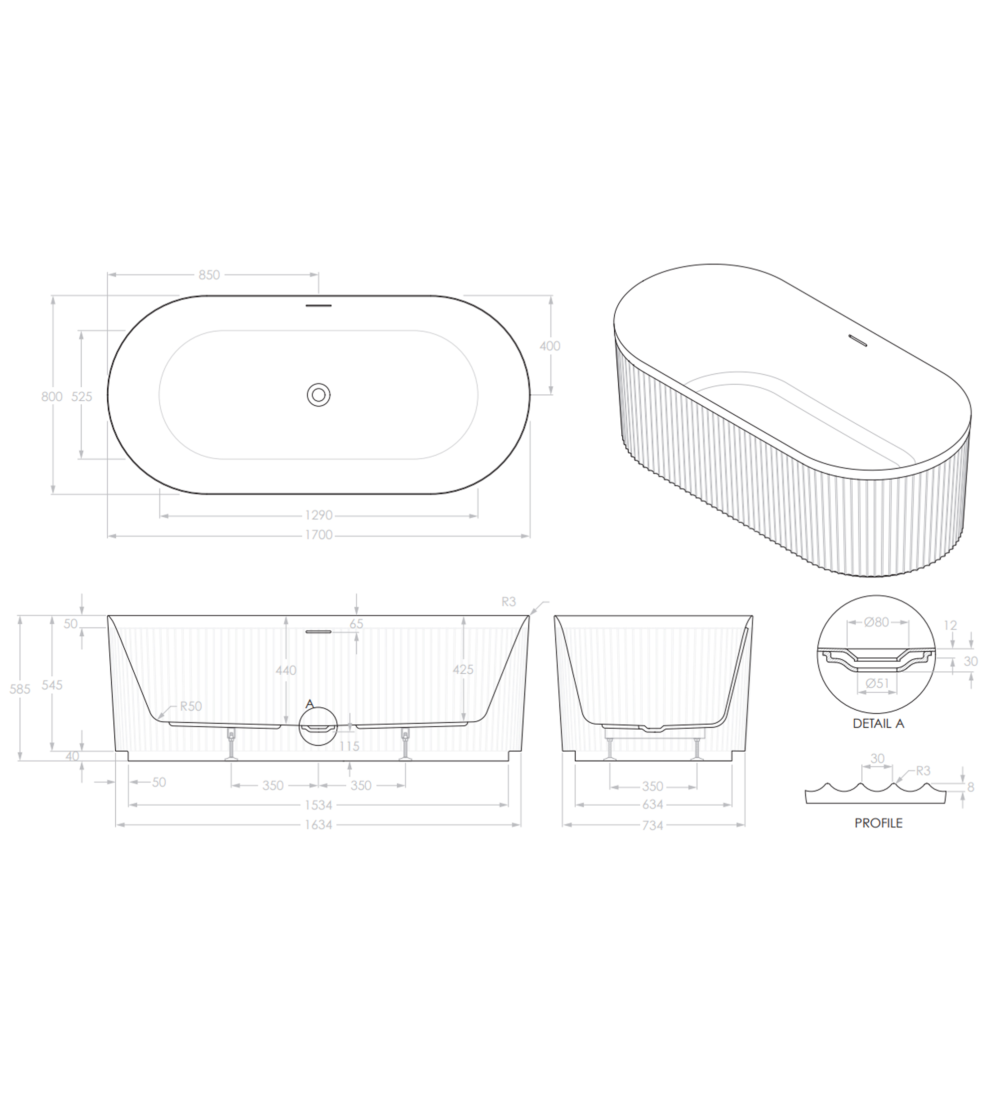 ADP Bronte Plus 1700mm Acrylic Freestanding Bath, Gloss White