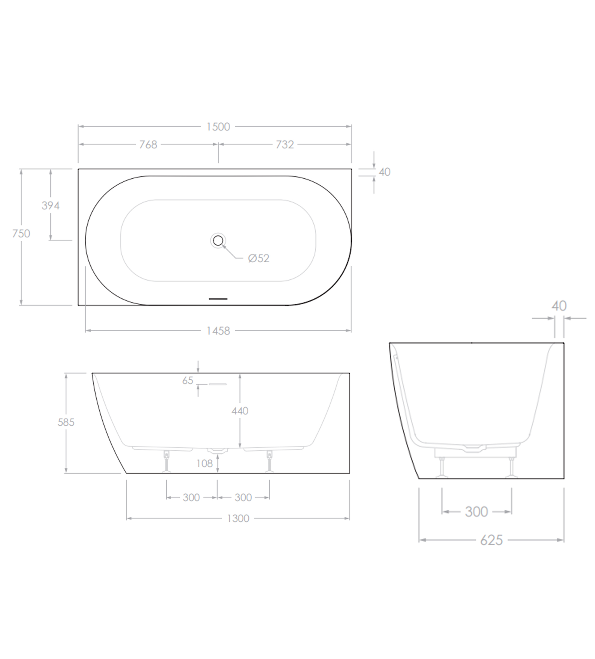 ADP Glacier 1500mm Acrylic Right Corner Bath, Gloss White