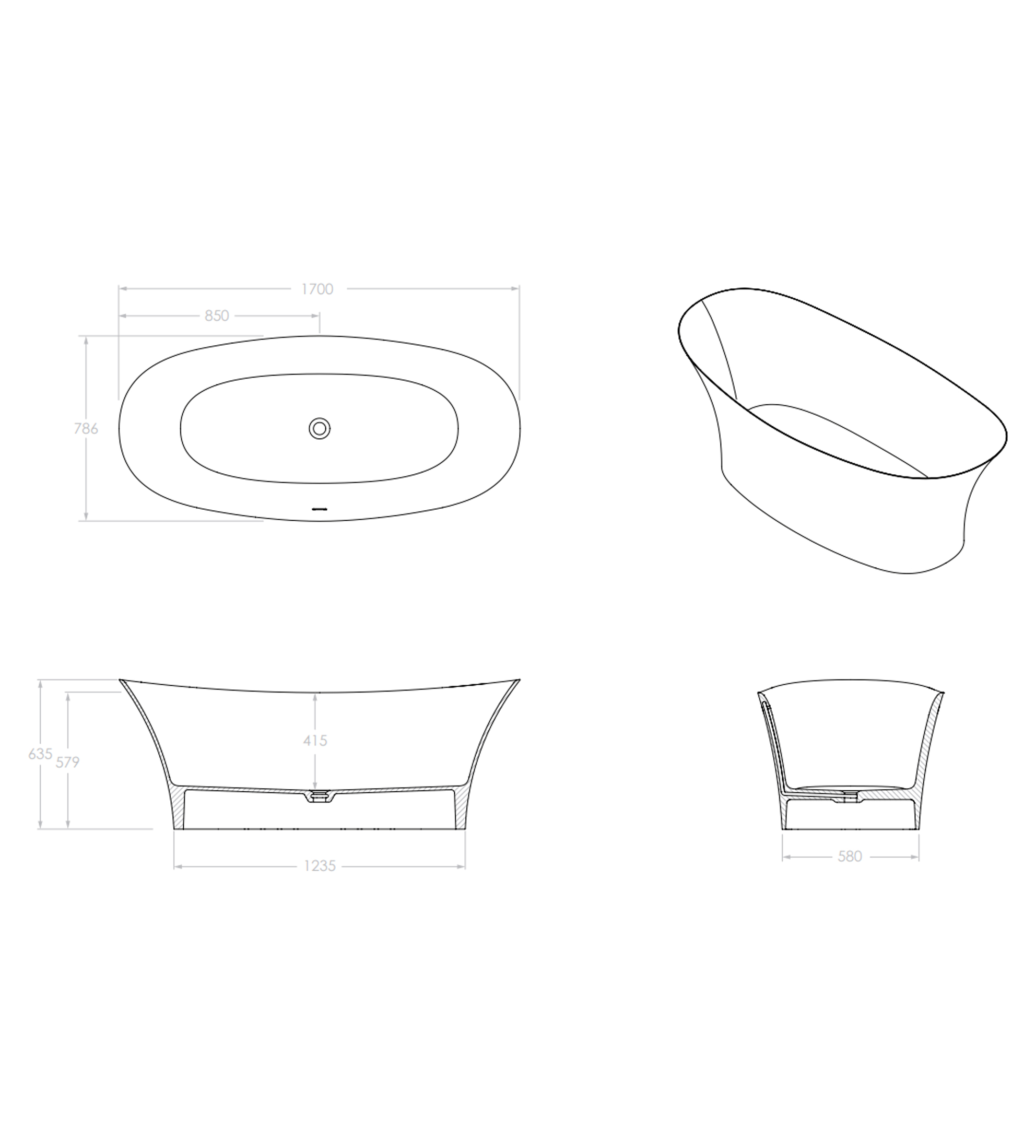 ADP Rise 1700mm Solid Surface Freestanding Bath, Matte White