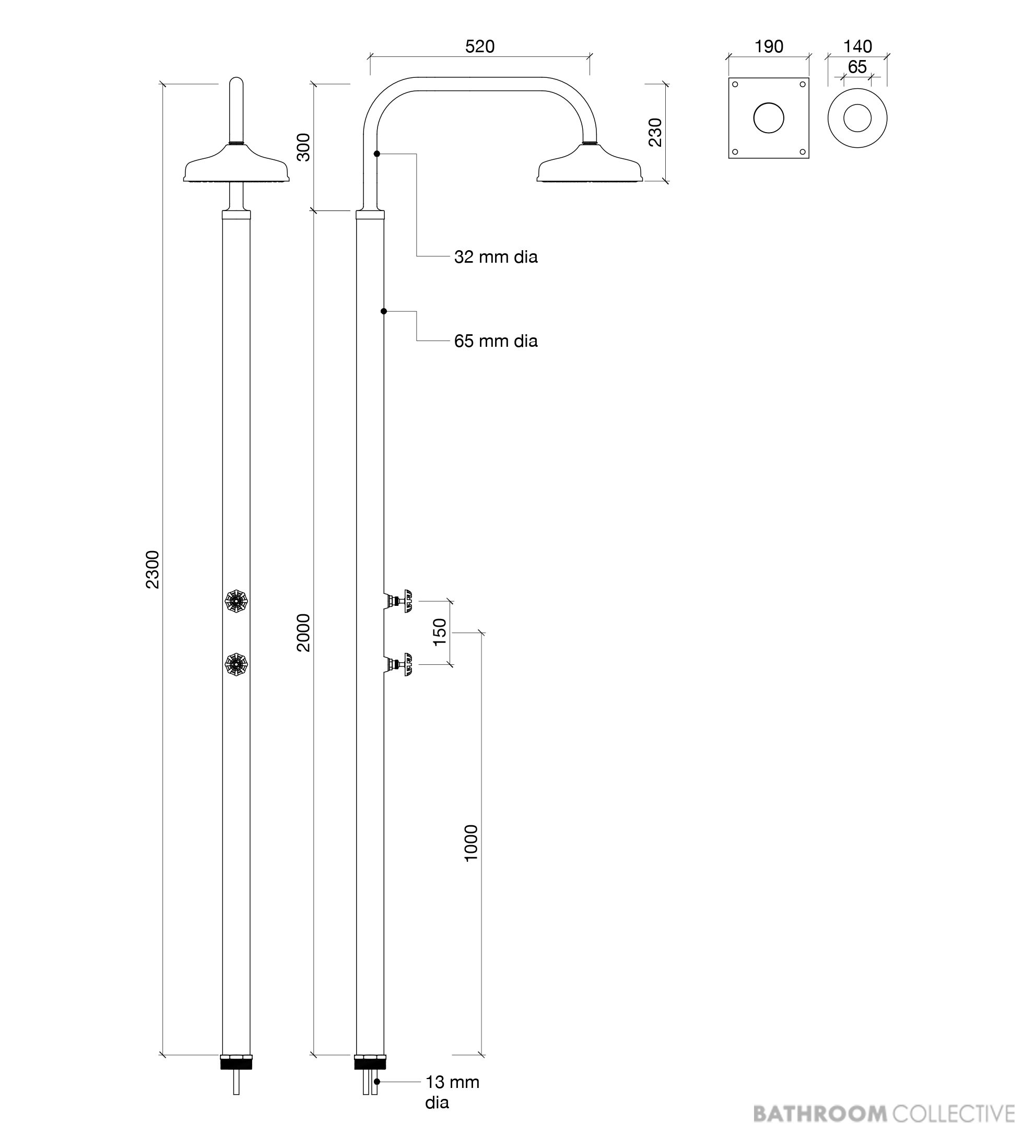 Brooklyn Copper Co Lennox Freestanding Outdoor Shower, Solid Copper or Brass