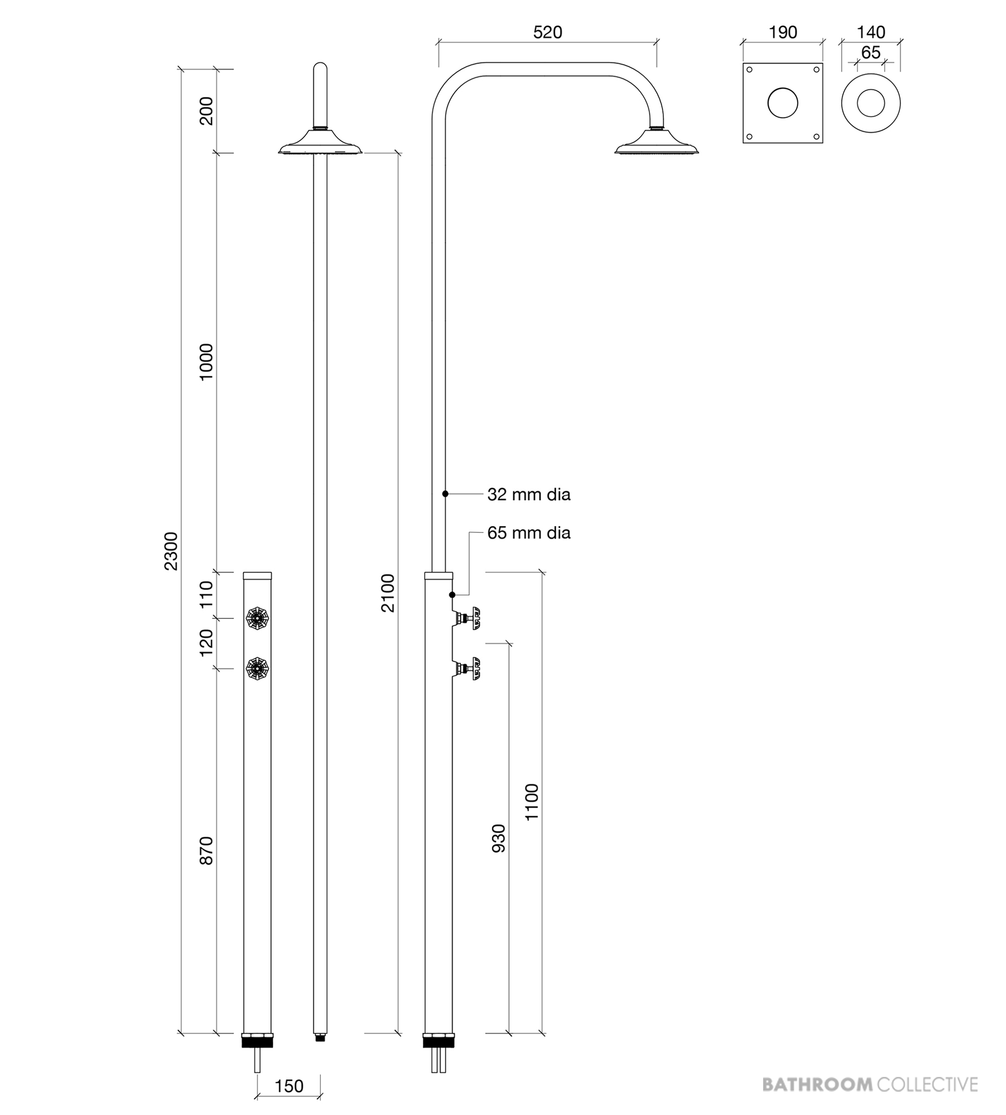 Brooklyn Copper Co Avalon Freestanding Outdoor Shower, Solid Copper or Brass