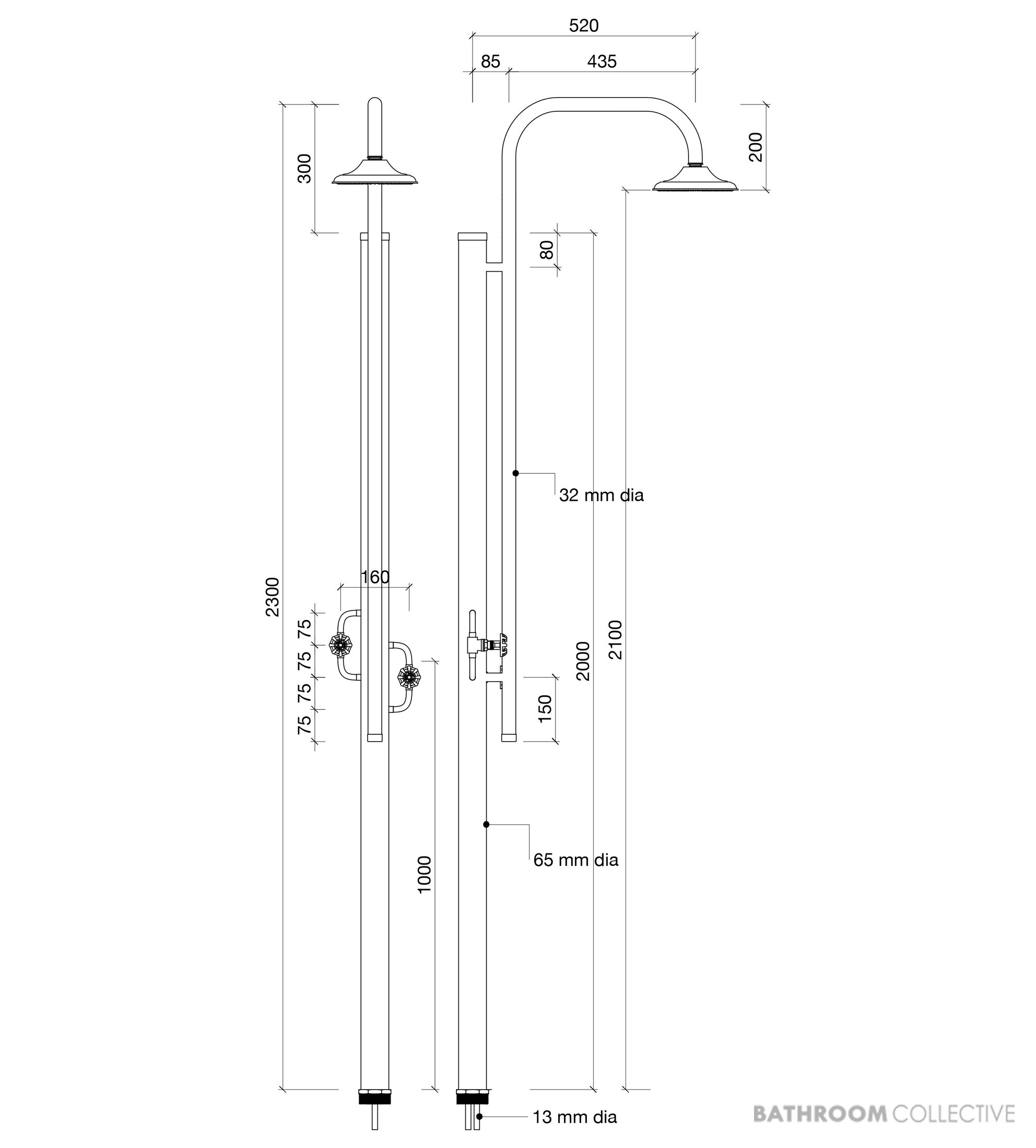 Brooklyn Copper Co Belongil Freestanding Outdoor Shower, Solid Copper