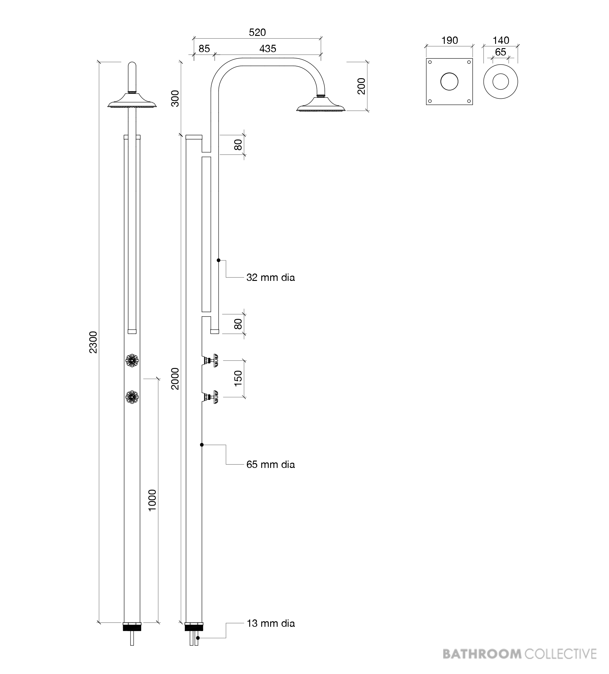 Brooklyn Copper Co Tama Freestanding Outdoor Shower, Solid Copper or Brass