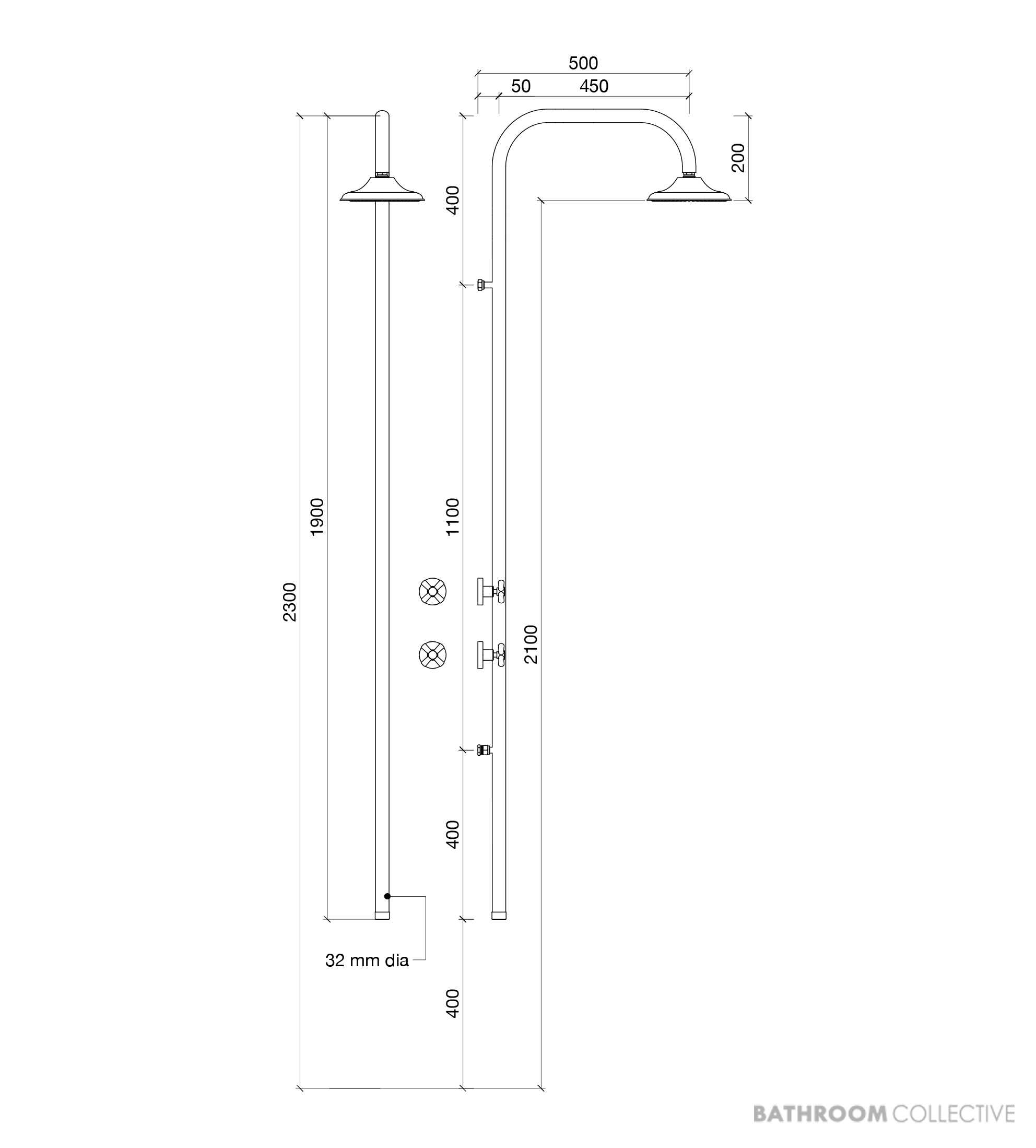 Brooklyn Copper Co Avalon Wall Mounted Outdoor Shower, Solid Copper or Brass
