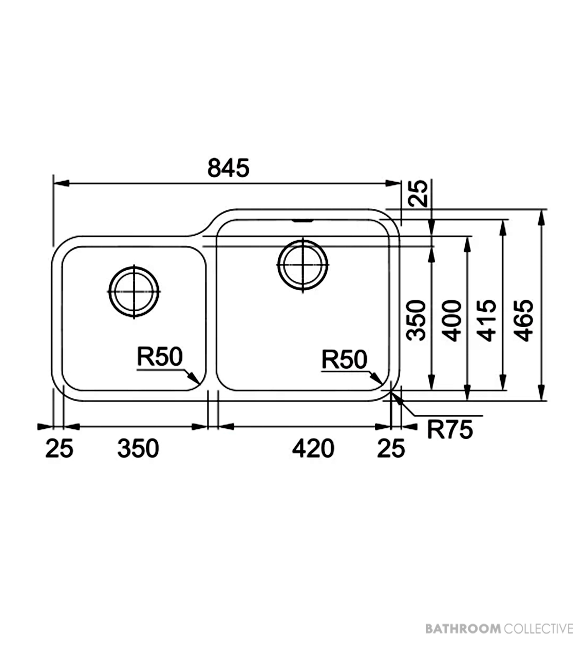 Franke Bell Undermount 1 & 1/2 Double Bowl Sink 845mm, DT360, Stainless BCX120-42/35FPC