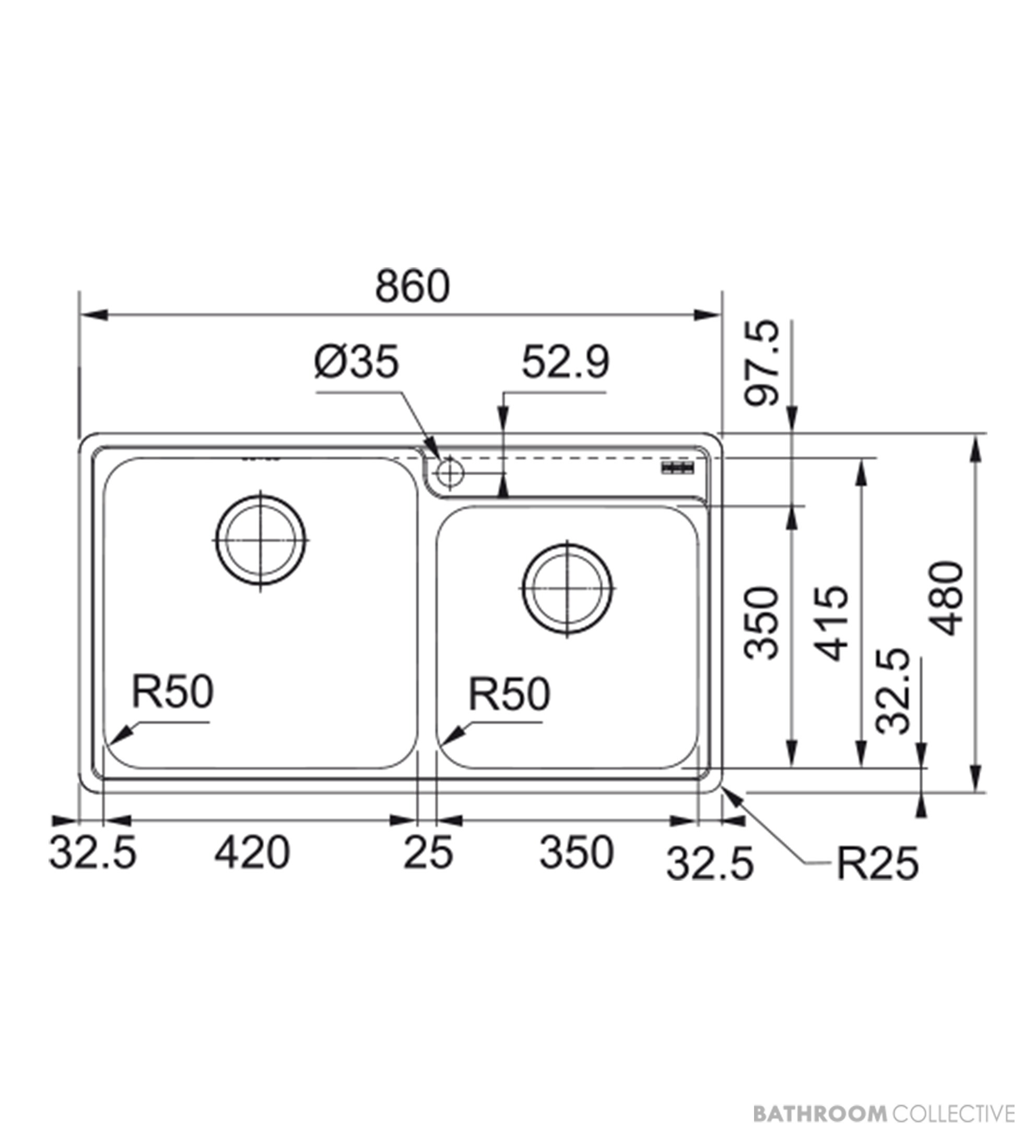 Franke Bell Topmount 1 & 1/2 Double Bowl Sink 860mm, Stainless BCX620-42/35B
