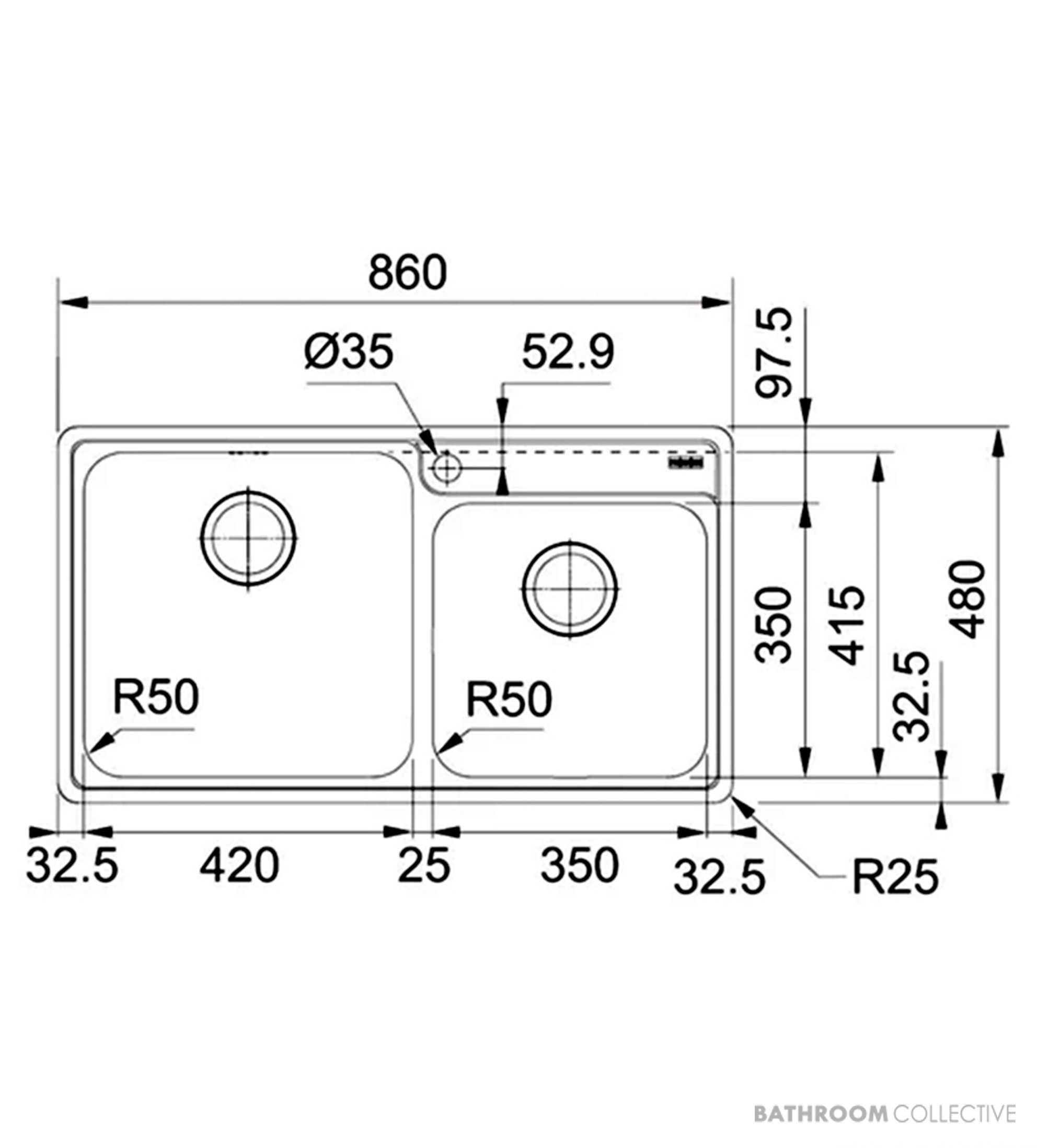 Franke Bell Topmount 1 & 1/2 Double Bowl Sink 860mm, DT360, Stainless BCX620-42/35FPC