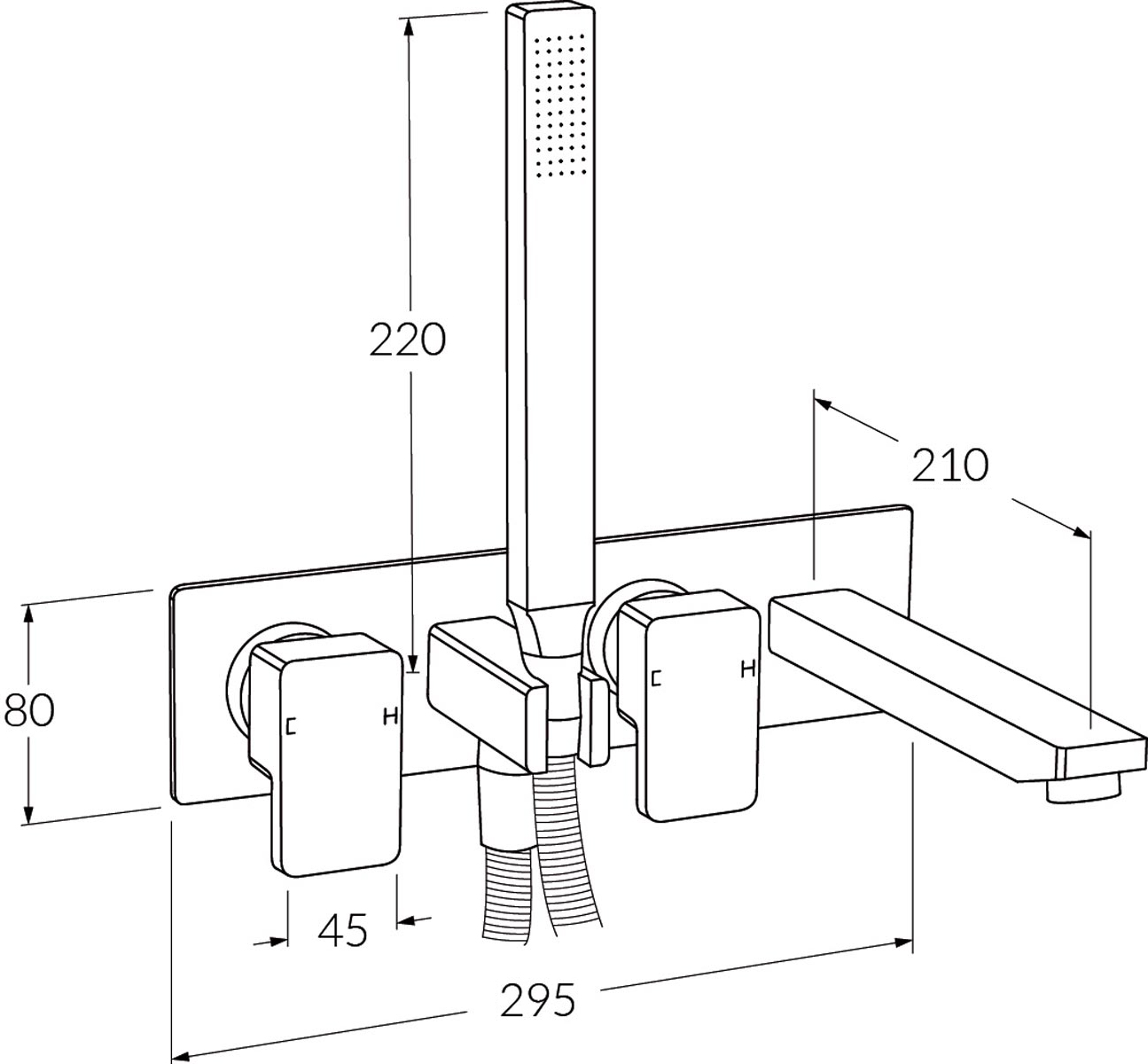 Sussex Suba Lever Bath Mixer System Lh With Hand Shower 210mm